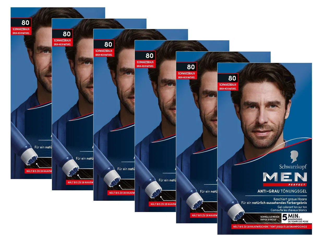 Men Perfect Anti-Grau Tönungs-Gel 80 Schwarzbraun (6x 80 ml), Haarfarbe für Männer blendet graue Haare aus, Anti-Grau Tönung für ein natürlich aussehendes Ergebnis