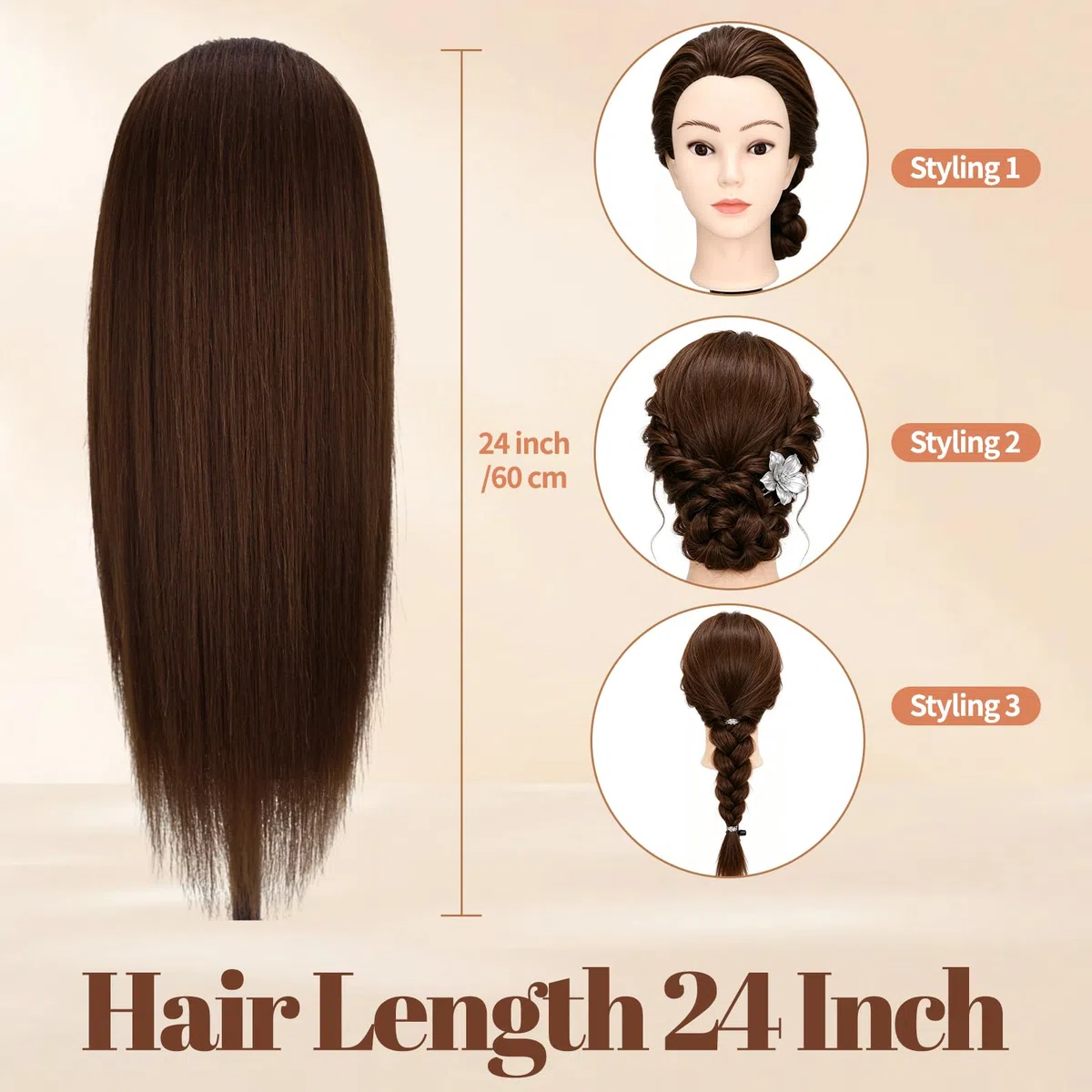 Yofuly 24Zoll 61cm Frisierkopf mit Ohrlöchern 80% Echthaar Übungskopf Friseur Mannequin Kopf mit Tischklemme DIY-Zopfset Braun