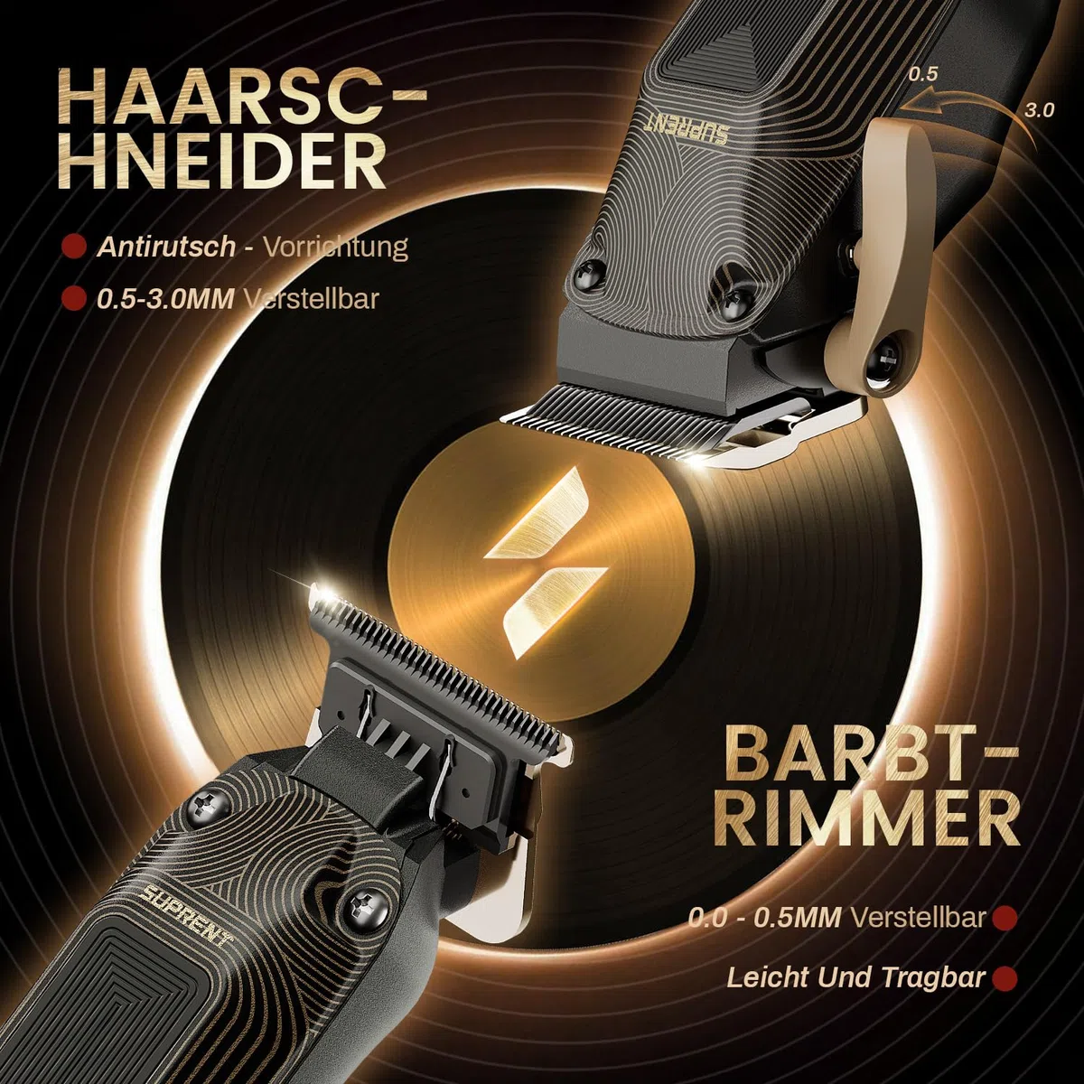SUPRENT Professionelle Haarschneider Herren, Kabelloser Friseursatz mit 6500 U/min Motor, Spaltlos Einstellbare Klingen, Schwarze Code-Aufsteckkämme & Tasche