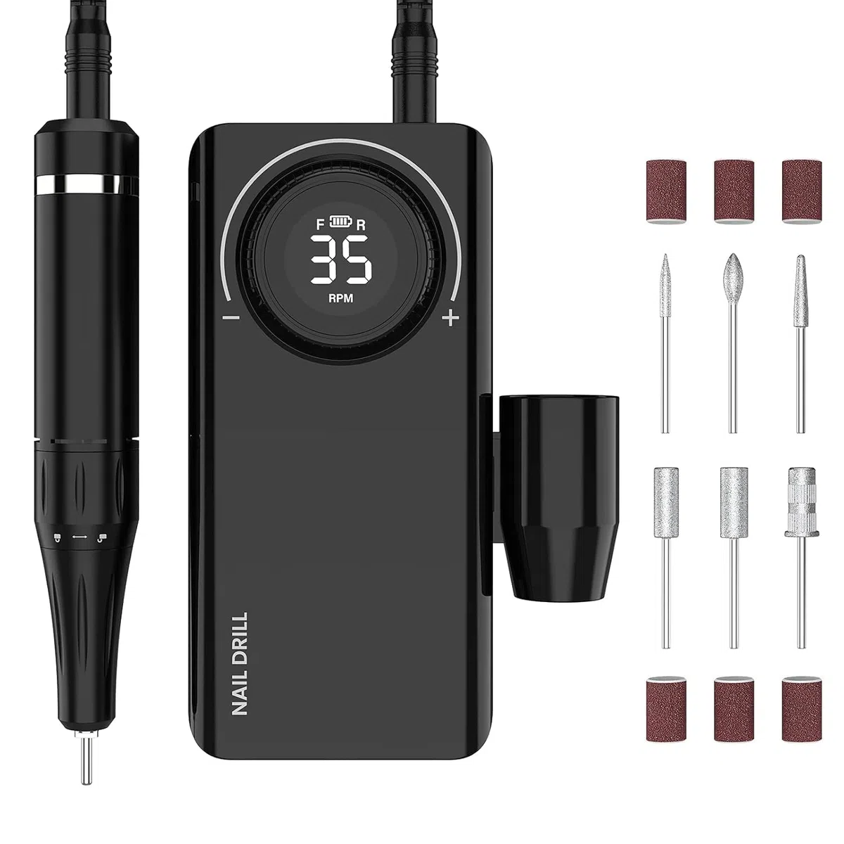 Nagelfräser Akku, Maniküre Set Elektrische Nagelfeile 35000 U/Min, Delanie Nagelfräser Für Gelnägel Acrylgel Nagelhaut Entferner, Pediküre Nageldesign mit LED-Anzeige USB-Aufladung -Schwarz
