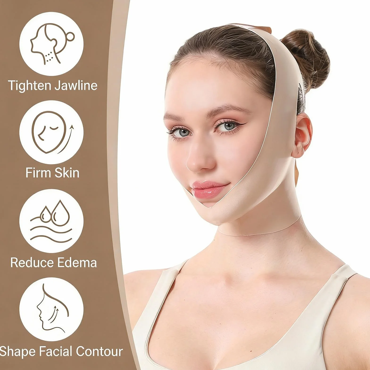Skult C-ollagen Face-Sculpt Wrap, weiche und gleichmäßige Kompression, Beige, wiederverwendbare Gesichtsmaske, Kinnriemen, Kieferformung, straffende Gesichtsmaske, verstellbare Passform und Komfort