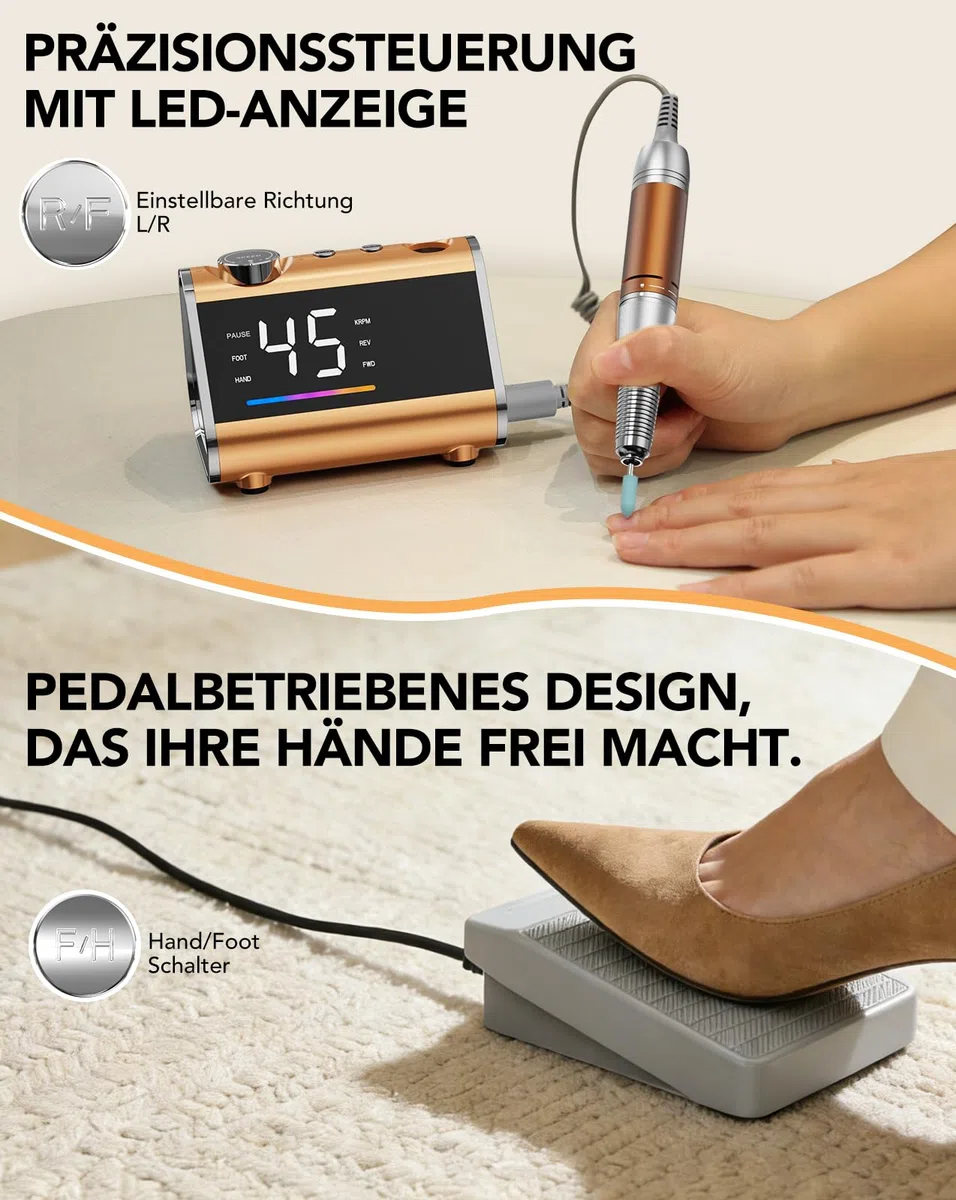 HOMEASY Nagelfräser 45.000 U/min LCD Fußpedal Netzbetrieb Orange | LCD Anzeige mit Netzbetrieb und Fußpedal für Acryl- und Gelnägel.