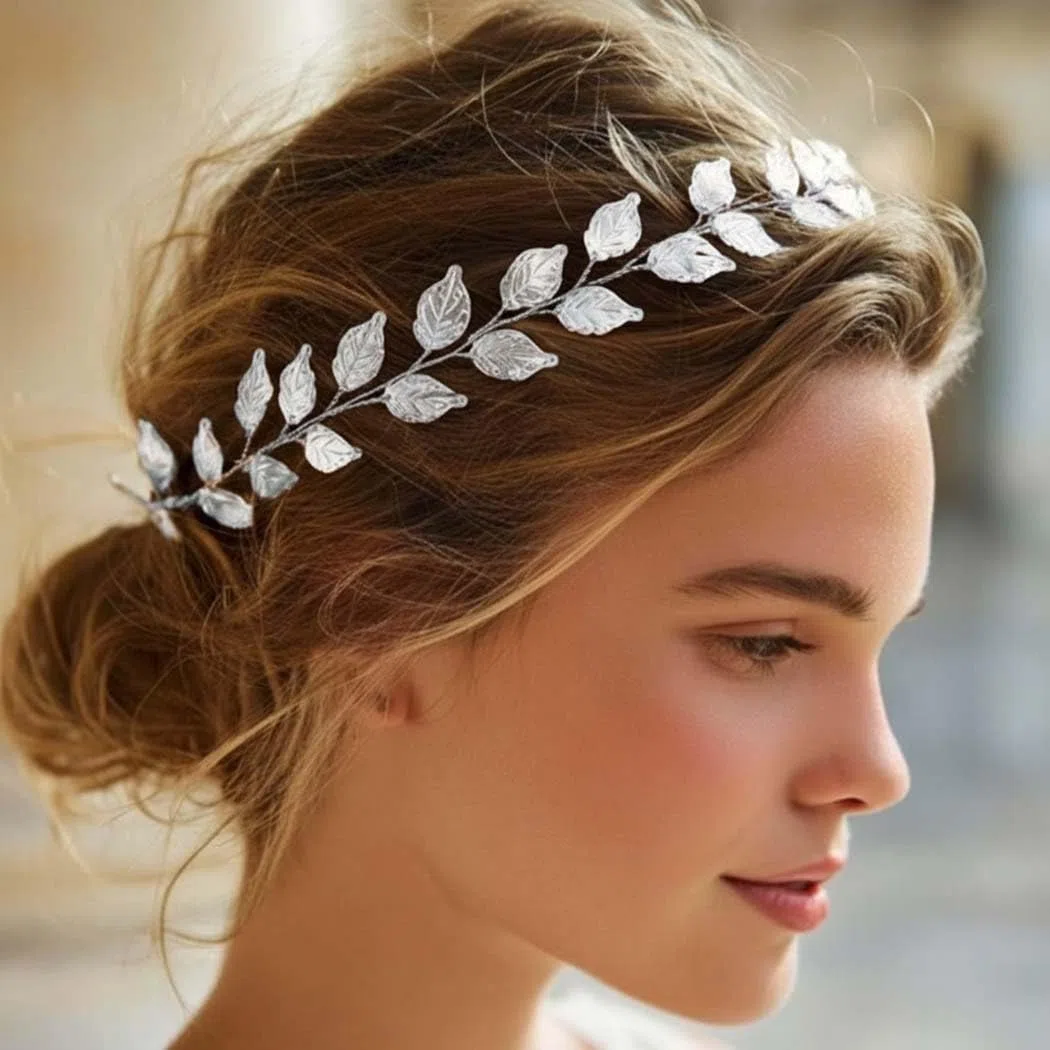 Yean Hochzeits-Stirnband, Blattgold, Brautschmuck, für Brautjungfer und Blumenmädchen (39 cm) (Silber)