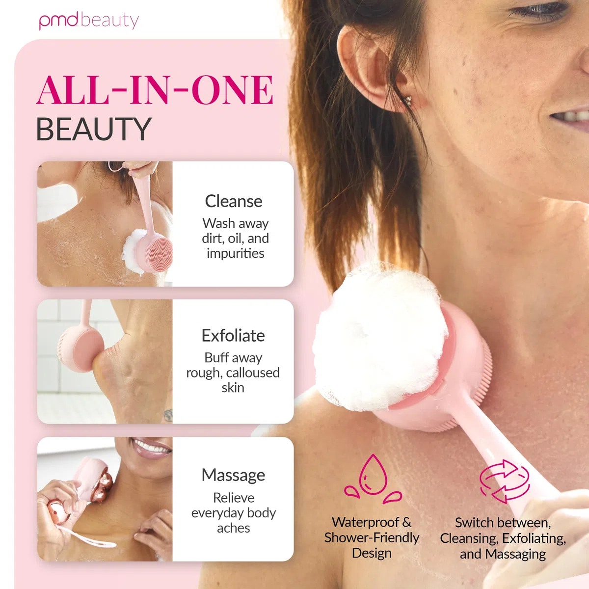PMD Clean Body – Smart Body Reinigungsgerät mit Silikonbürste & drei austauschbaren Aufsätzen – Wasserdicht – SonicGlow Vibration – Reinigen, Peeling & Massage Körper – Rouge