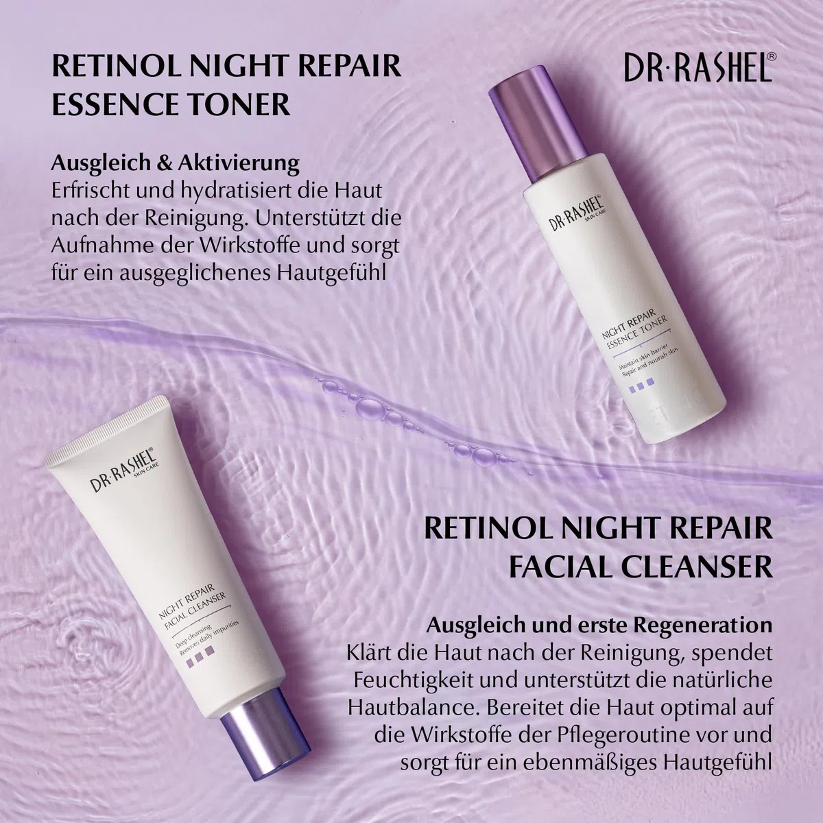 Gesichtspflege Set mit Retinol 5-teilig - Night Repair Routine - Anti-Aging Gesicht Serum, Augencreme, Gesichtscreme, Gesichtsreinigung & Toner für straffe Haut & Faltenreduzierung - Geschenkset Damen