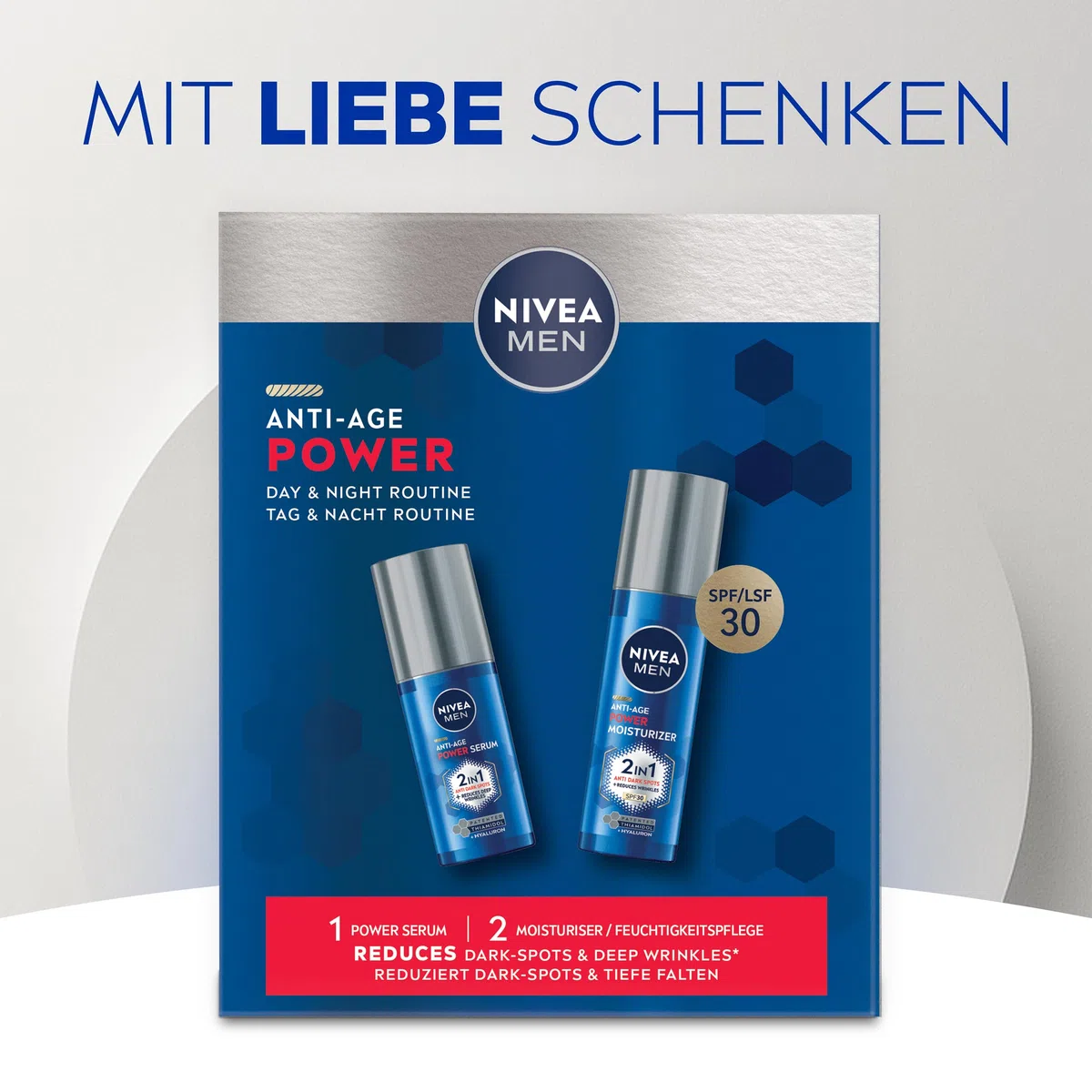 NIVEA MEN Anti-Age Gesichtspflege Set – Geschenkset mit Anti-Age Power Serum (30 ml) und Feuchtigkeitscreme (50 ml) – Pflegeset für jünger aussehende Haut in 2-4 Wochen