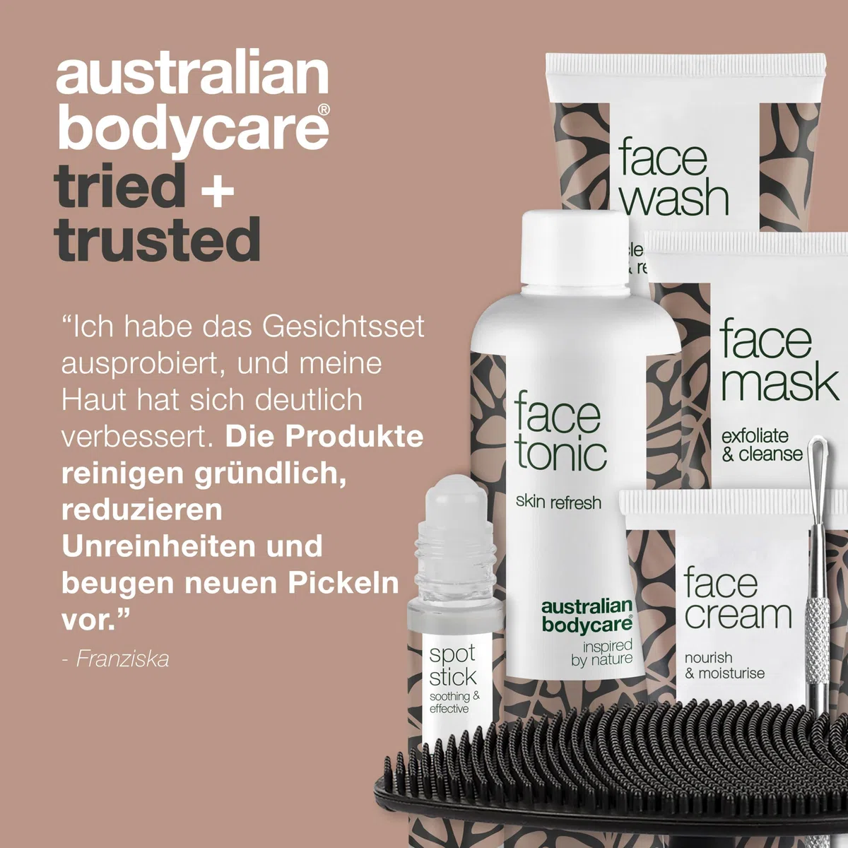 Ein 7-teiliges Set für die tägliche Pflege bei verstopften Poren und unreiner Haut | Gesichtsreinigung, Skin Tonic, Gesichtscreme, Pickel Stick, Gesichtsmaske, Mitesserentferner und Gesichtsbürste