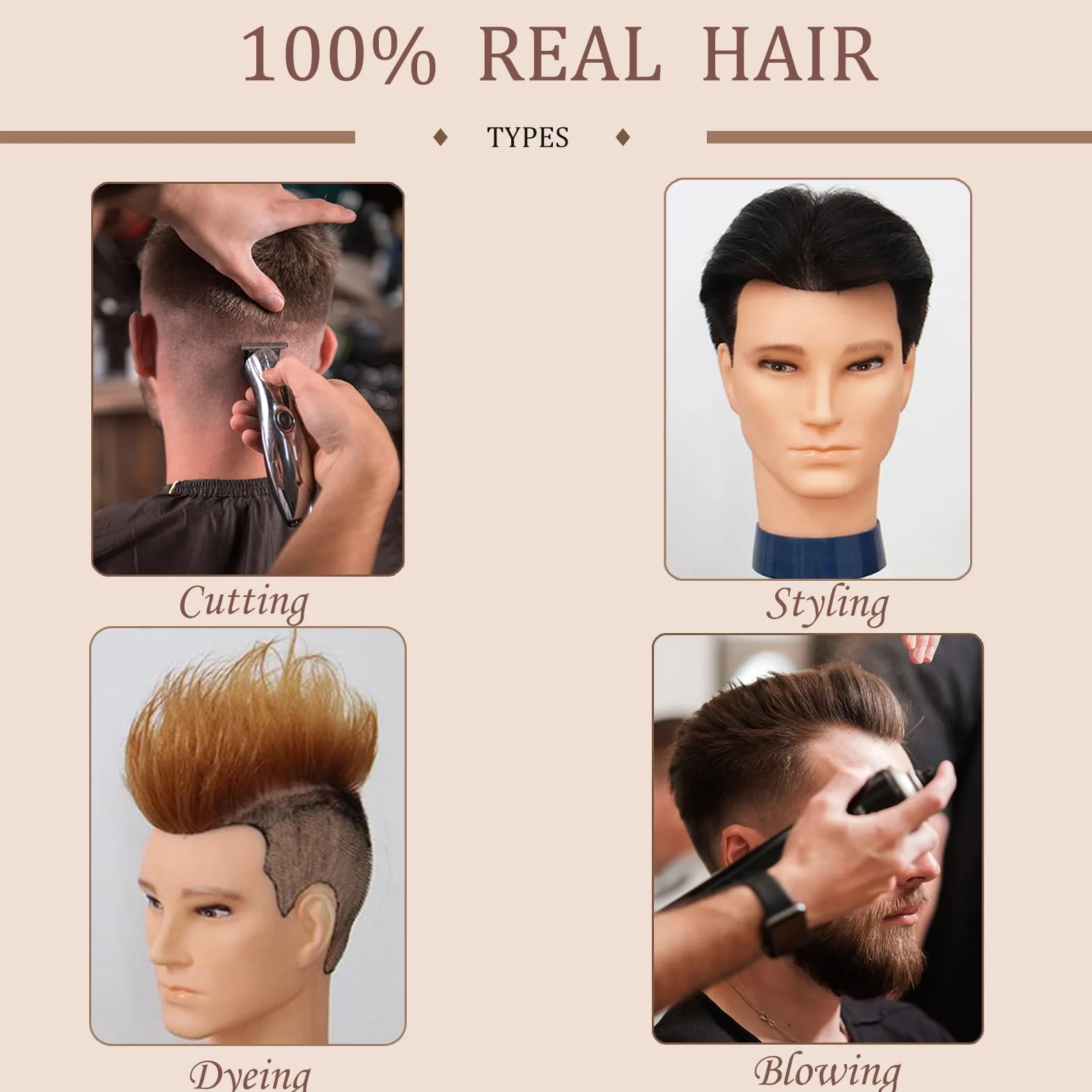Mann Frisierkopf 100% Echthaar, Frisurenkopf Männlicher Haarschnitt Übungskopf mit Haar, Friseur Kopf Mannequin Head Puppenkopf mit Tischklemme (Schwarz, 35 cm)