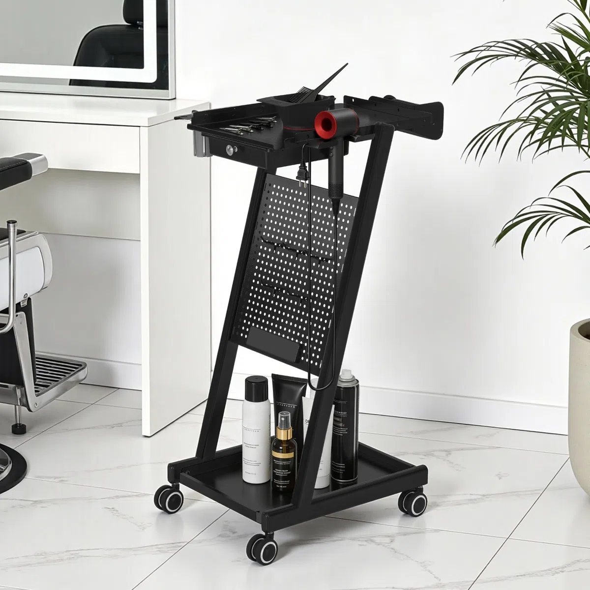 BarberPub Friseurwagen mit Schublade & 2 Ablagen, Friseur Arbeitswagen, Beauty Salon Trolley Metall, Rollwagen 47x39x94cm Schwarz