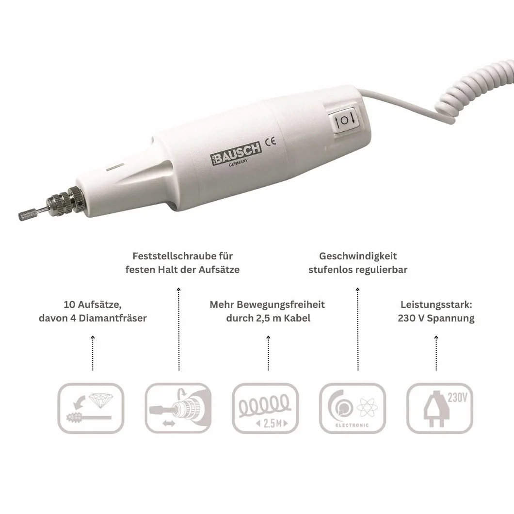 PETER BAUSCH Bausch 0360 Elektrisches Maniküre-/Pediküregerät für Profis, Rechts-/Linkslauffunktion, stufenlos regulierbar, Luftkühlung, 10 Aufsätze: schleifen, feilen, Hornhaut entfernen, Nagelpflege, Fußpflege