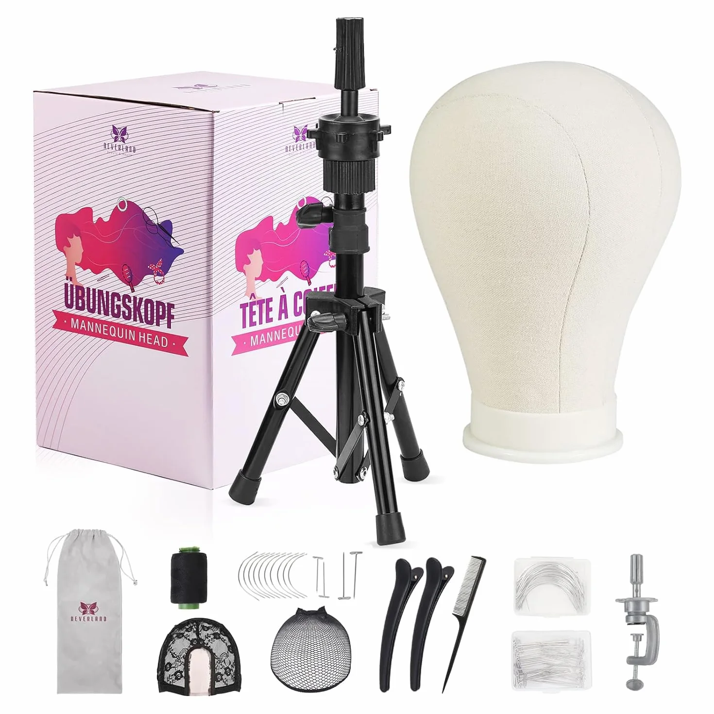 Neverland Beauty & Health 23" (58cm) Perückenkopf mit Ständer, Tischklammer, T-Stifte, Perückenkappe