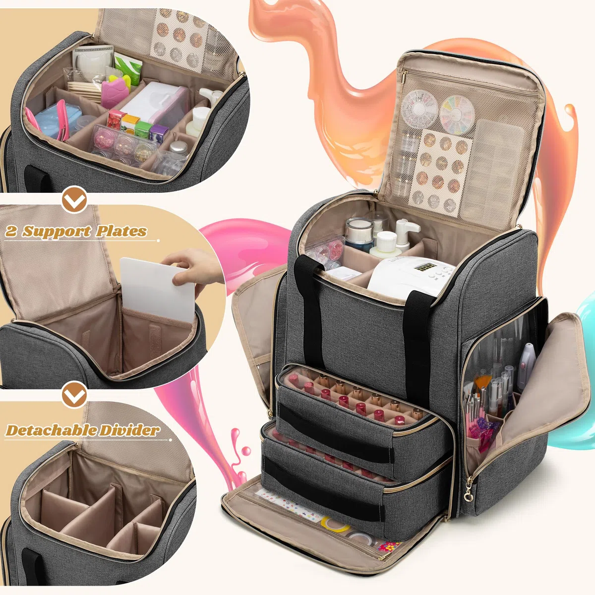 Luxja Kosmetik Rucksack für Nagellack, Grau | Nagellack Aufbewahrungstasche für Nagellampe und Nagellack, Nagellack Organizer Rucksack Groß, Grau