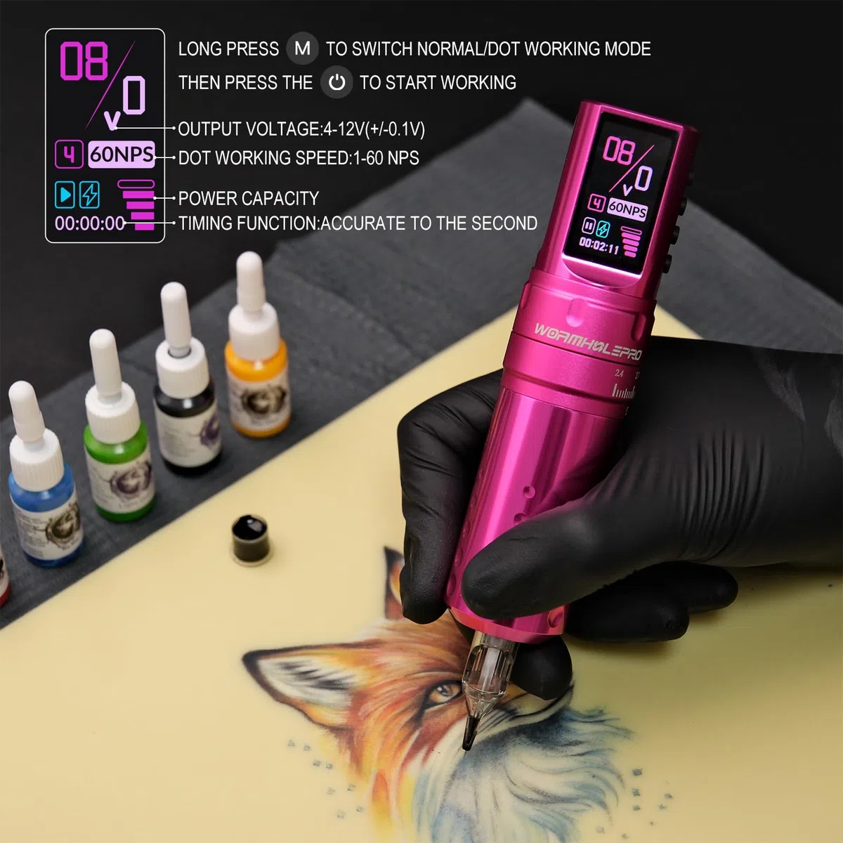 WORMHOLE PRO 80PCS Tattoo Gun Kit mit 7 einstellbaren Strichen, 1800mAh Kapazität Ersatz Netzteil, Digital LED Display, 20Pcs Tattoo Nadeln für Tattoo-Künstler - Rosa