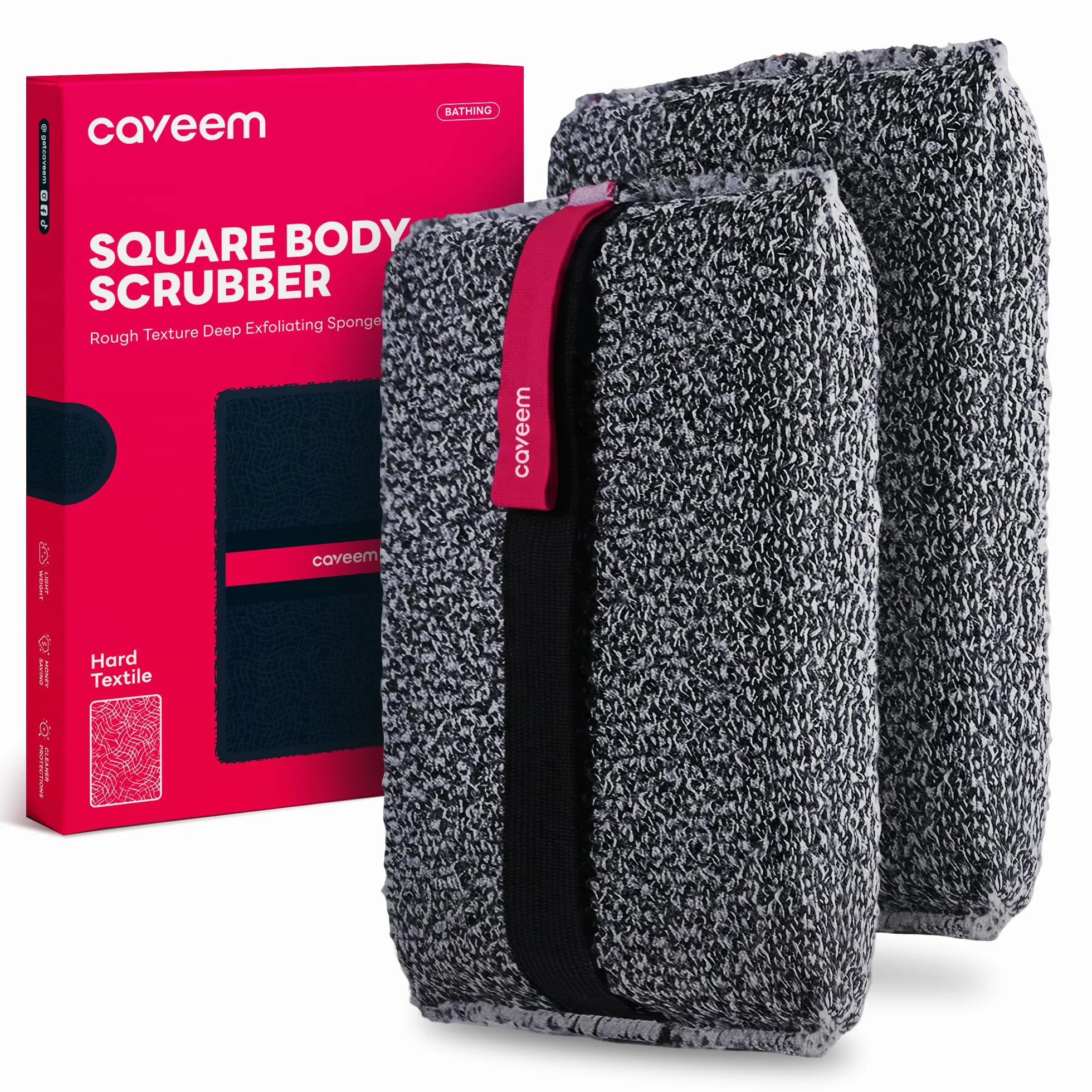 CAVEEM Peeling-Körperschwamm, Rauer Körper-Exfoliator zum Entfernen Abgestorbener Haut, Quadratischer Duschschwamm für Herren, Starker Bade- & Körperpuffer (2er-Pack)