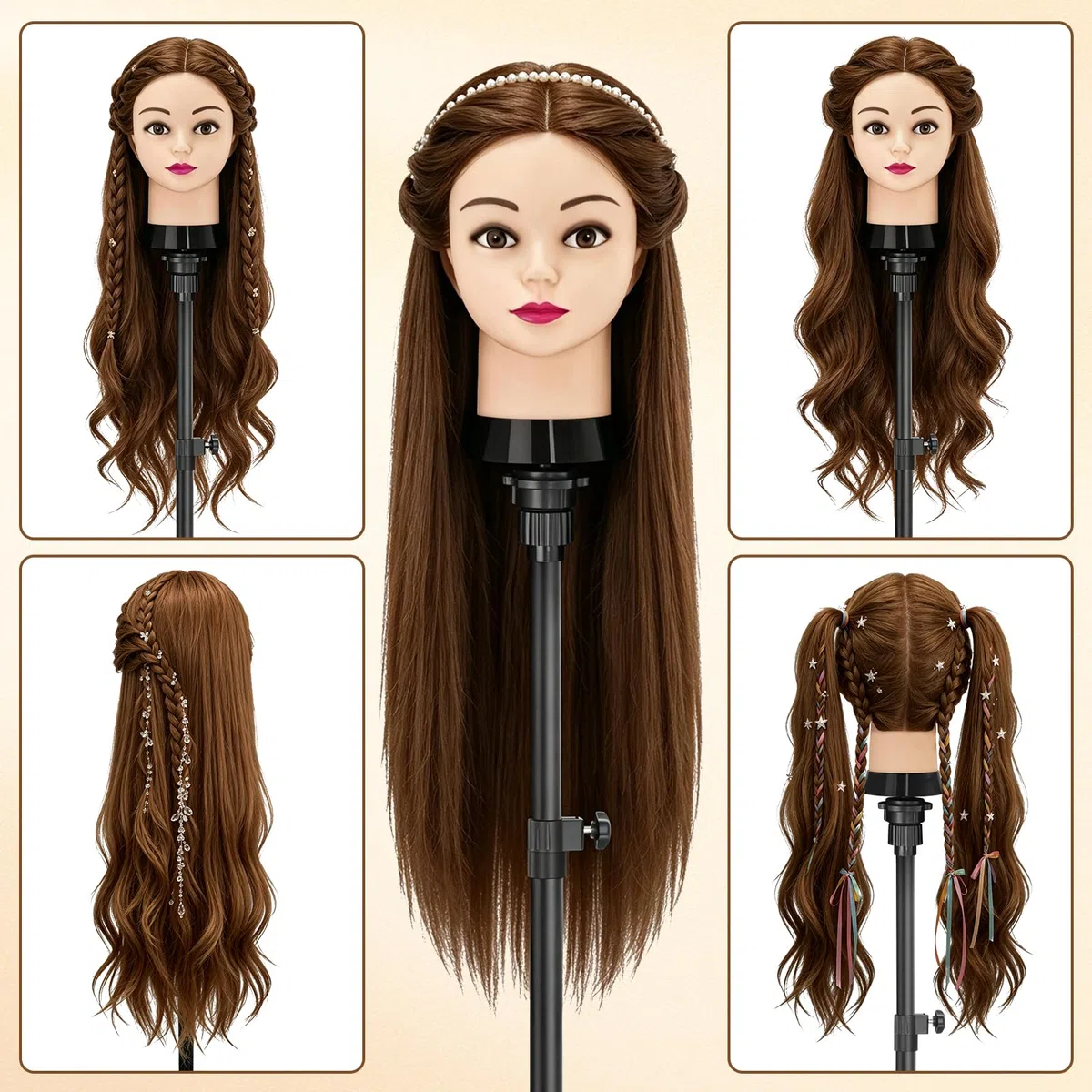 TwoWin Frisierkopf 80% Echthaar, Übungskopf 24 Zoll /60cm Friseurkopf, Trainingskopf für Friseure für Styling & Friseurpraxis mit Tischhalter + DIY Haare Frisuren Set (Braun)
