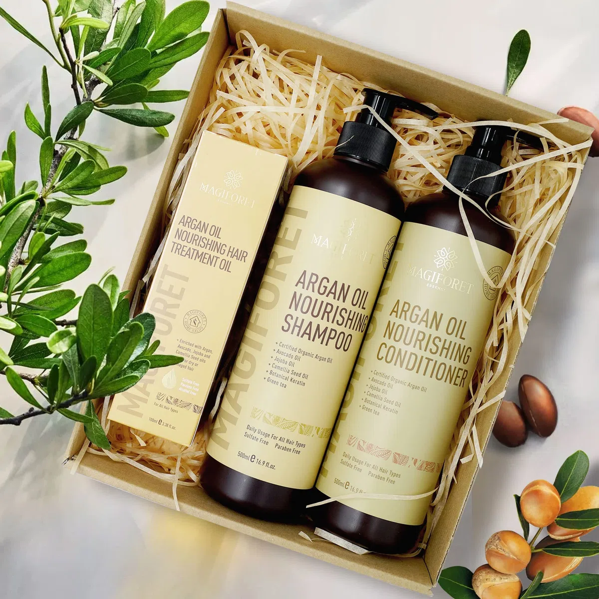 MagiForet Haarpflege Set mit ArganölShampoo 500ml + Conditioner 500ml + Haarserum 100ml, Anti Frizz, Sulfatfrei, Parabenfrei –pflegt Locken, krauses und farbbehandeltes Haarweich und geschmeidig