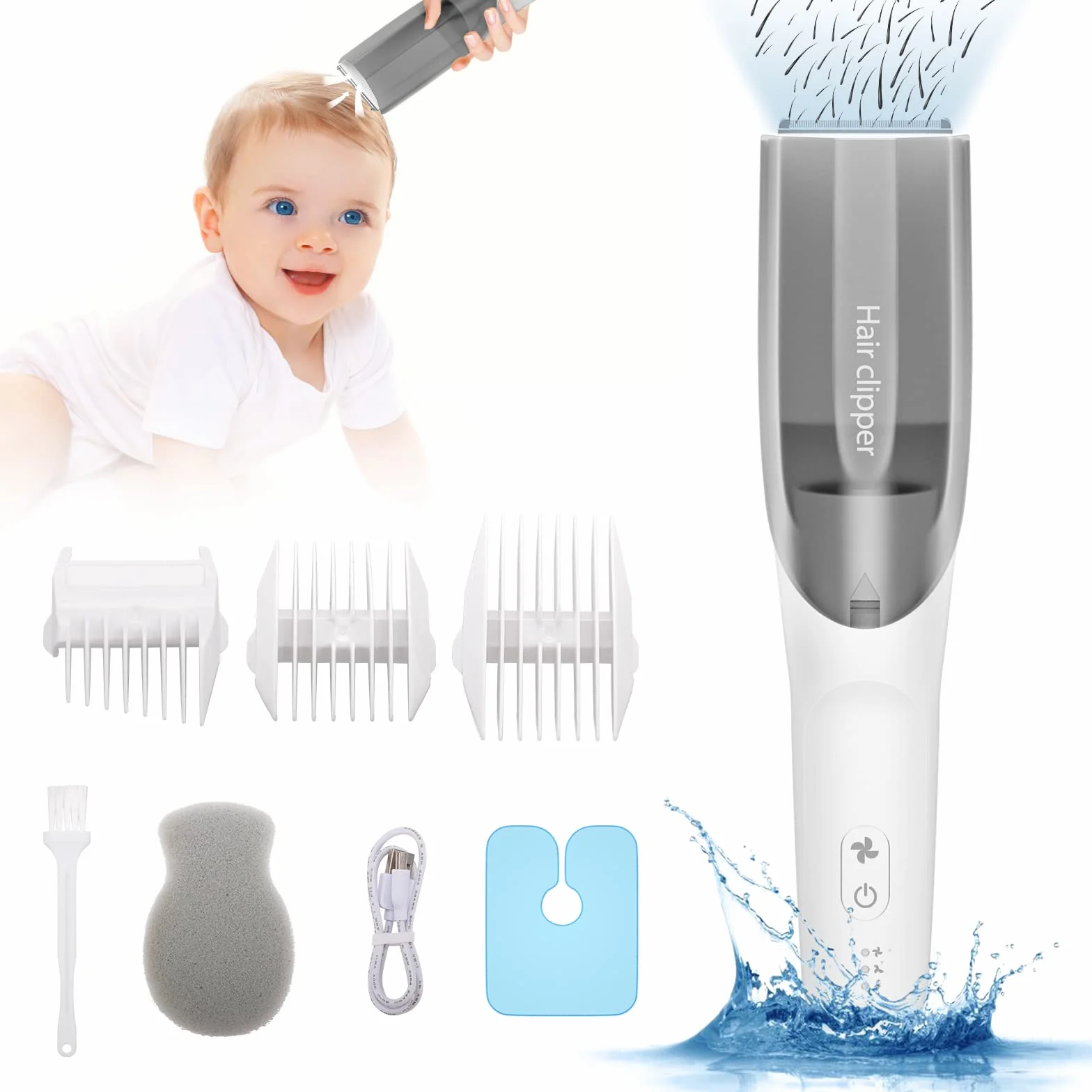 CARER SPARK Baby Haarschneider mit Vakuumfunktion, Leiser Akku-Trimmer für Kleinkinder Wasserdicht USB Wiederaufladbar Kinder Haarschneidemaschine mit 3 Führungskämmen Ideal für Babyhaarschnitte
