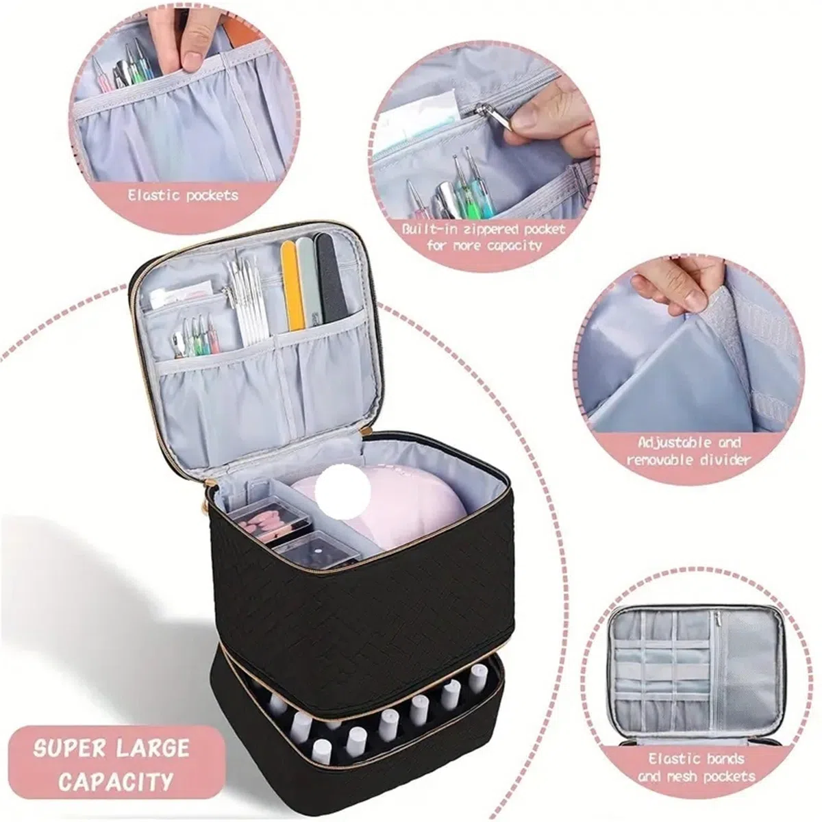 Nagellack Aufbewahrung Tasche Kapazität Nagellack-Aufbewahrungstasche, doppellagige Aufbewahrungstasche zur Nagelverbesserung, bietet Platz for Halterungslampen und 30 Flaschen Nagellack(Color5)