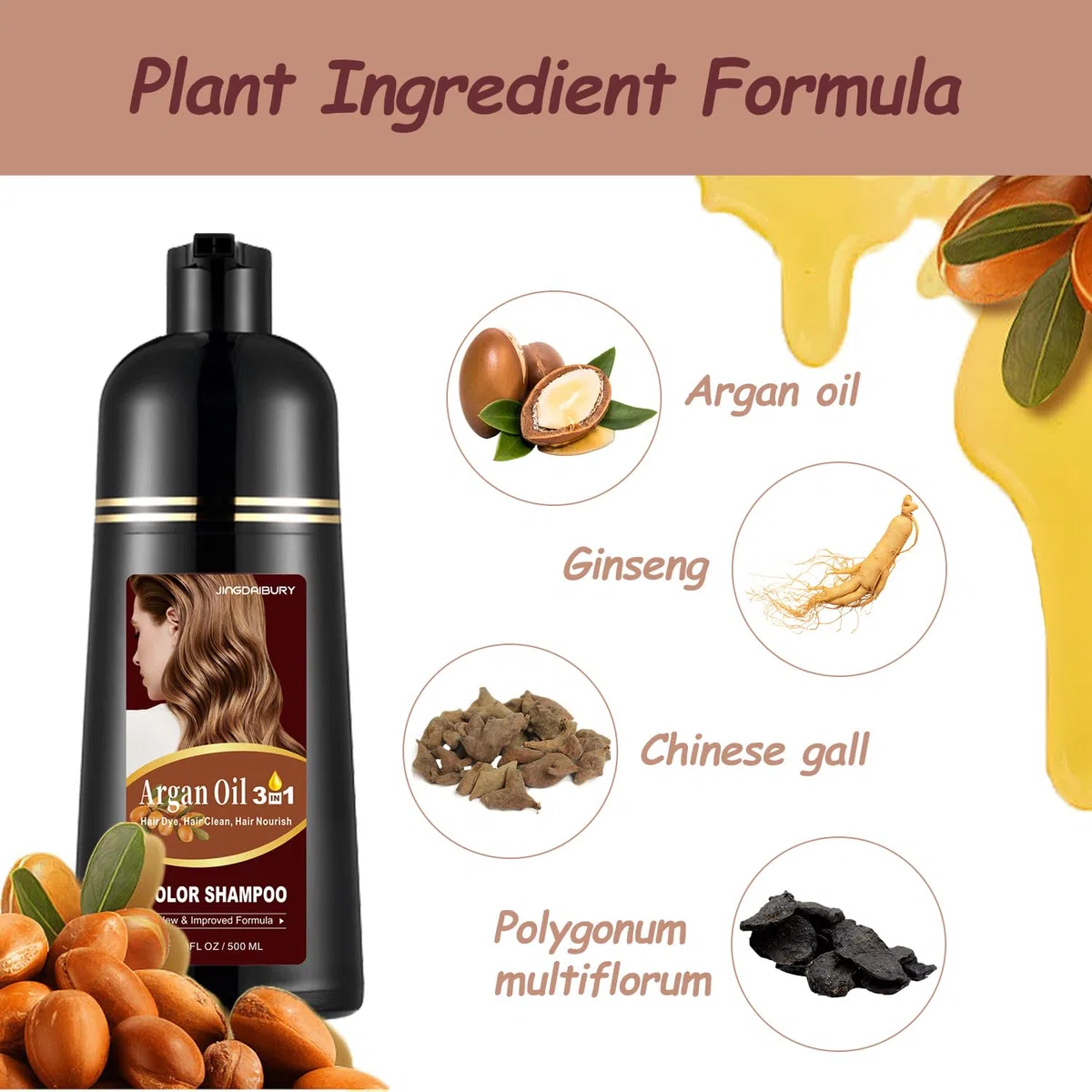 Black Arganöl Haarfarbe, 50 ml, 3-in-1-Farb-Shampoo, einfach anzuwenden, Schwarz