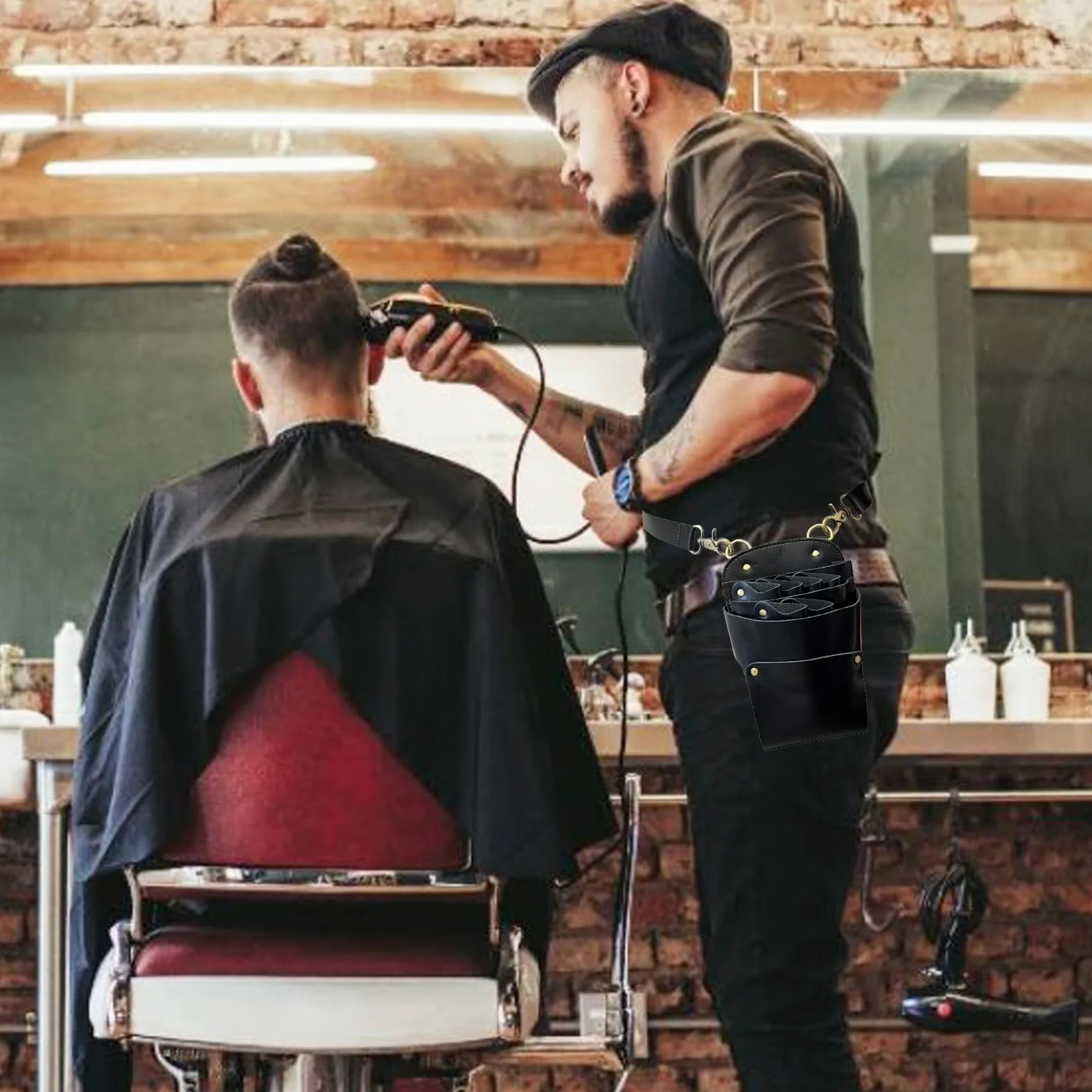 Friseur scherentasche Leder, friseur Werkzeugtasche Professionelle Schwarz | Salon Barber Friseur Gürteltasche, Friseurschere Holster Friseurwerkzeug Tragetasche mit verstellbarem Schultergurt