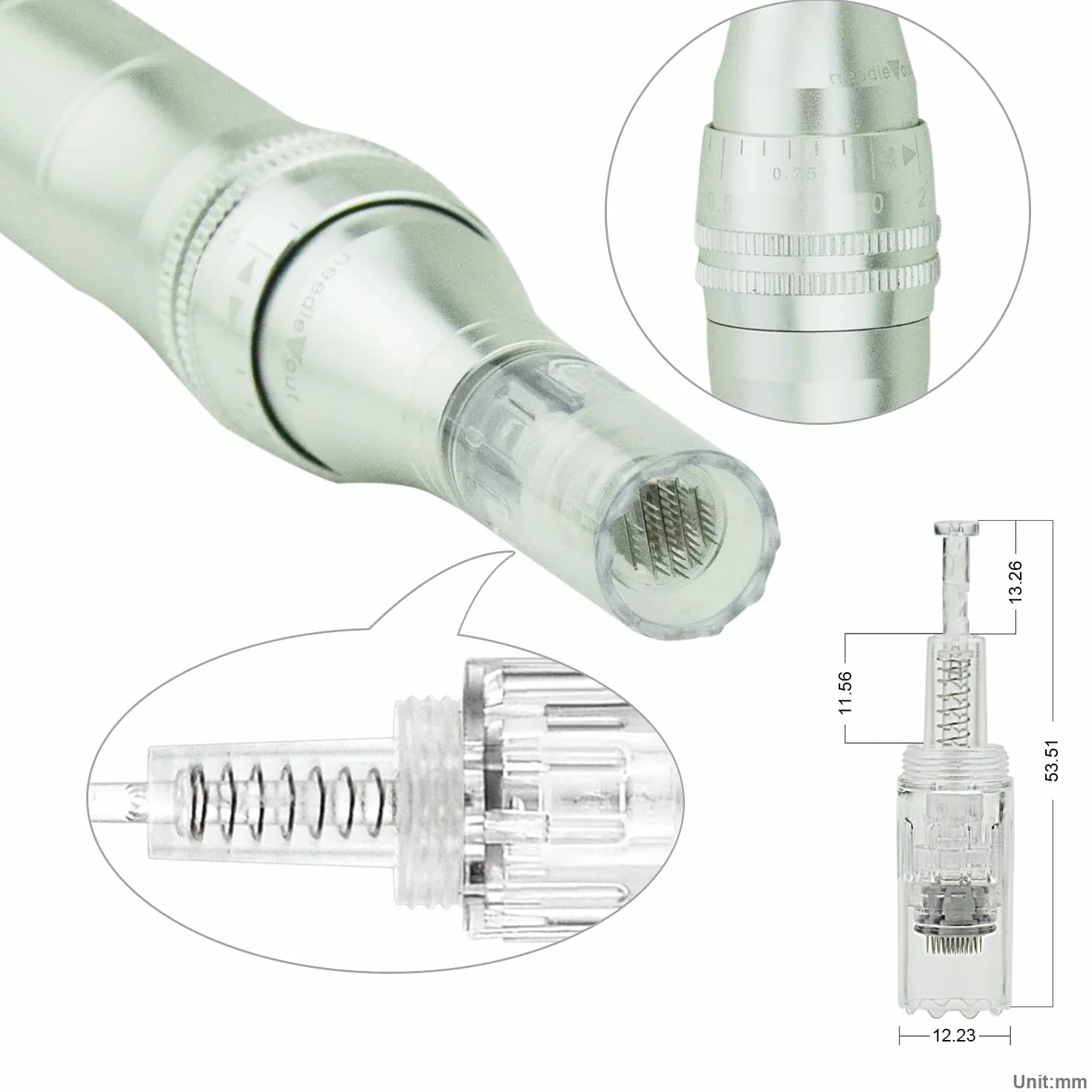 Dermapen mit LCD Bildschirm 7 Geschwindigkeitsstufen einstellbare Länge 12 Köpfe Patronen Silber