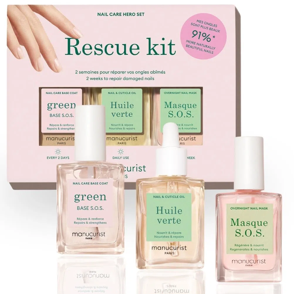 Manucurist Rescue Kit – Fingernagel Pflege Set – Nagelhärter Base Coat SOS, Nagelpflege SOS-Maske, Nagelhautöl Cuticle Oil - Nagelreparatur - Nagelpflege set - Made in France