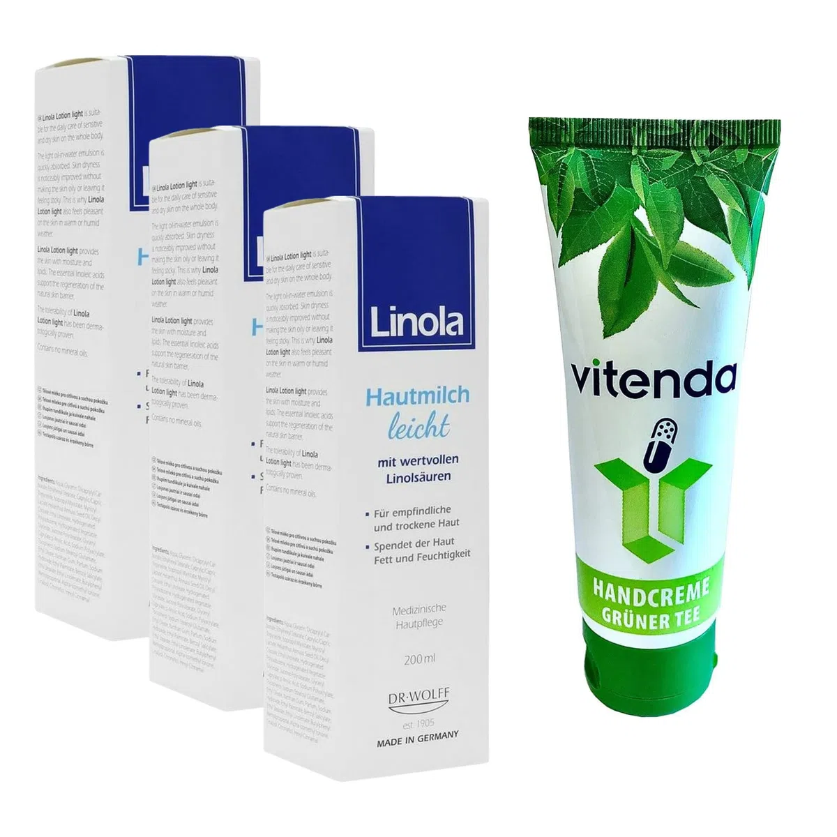Set: Hautmilch leicht mit Linola für trockene & empfindliche Haut, feuchtigkeitsspendende Körperlotion, 3x200ml – inkl. vitenda Handcreme