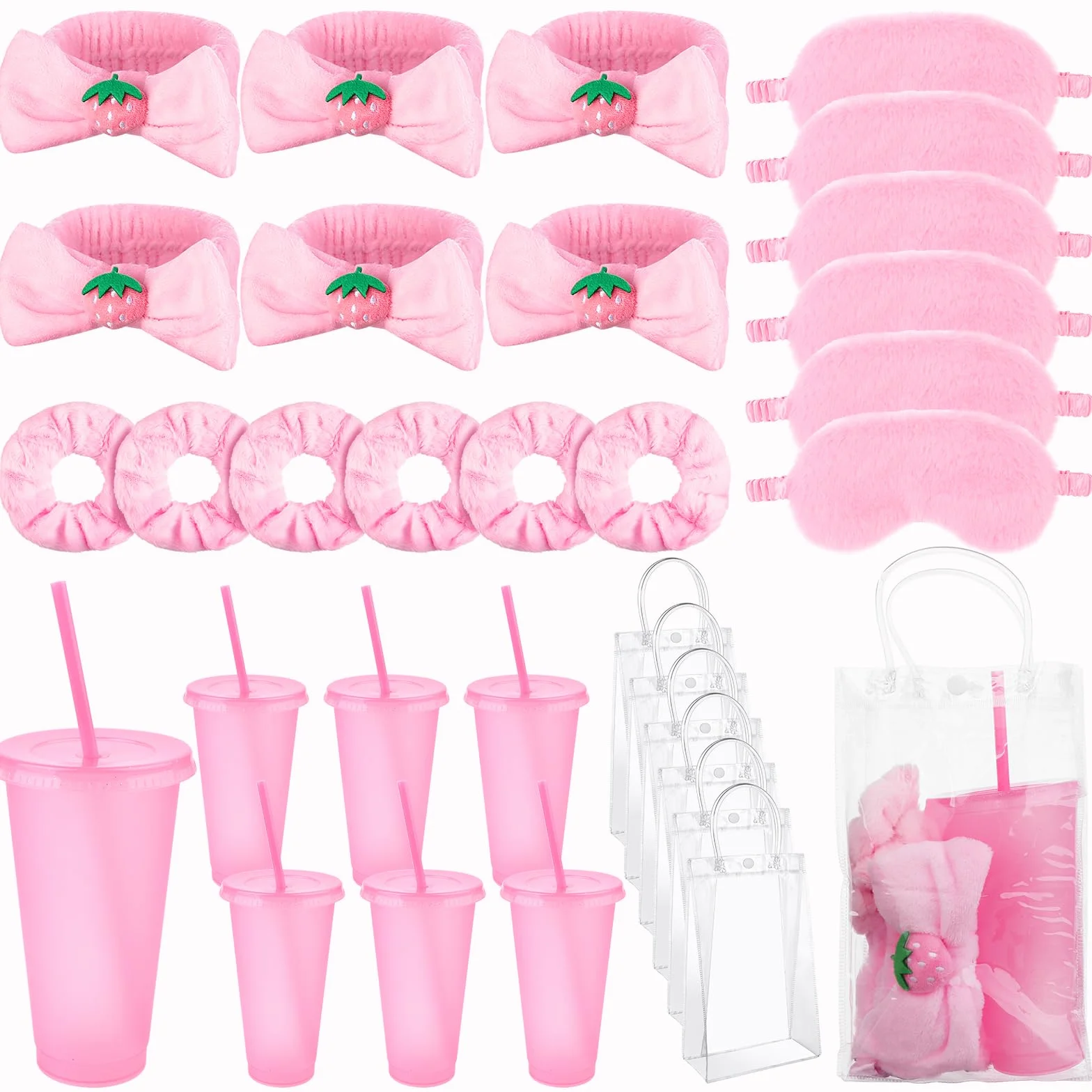 30-teiliges Party-Set, Pyjama, Mädchen, Geschenk, 6 niedliche Haargummis für Frauen, 6 Spa, Schlafmasken aus Plüsch, Rosa, 6 wiederverwendbare Paillettenbecher, 6 Make-up-Stirnbänder, 6