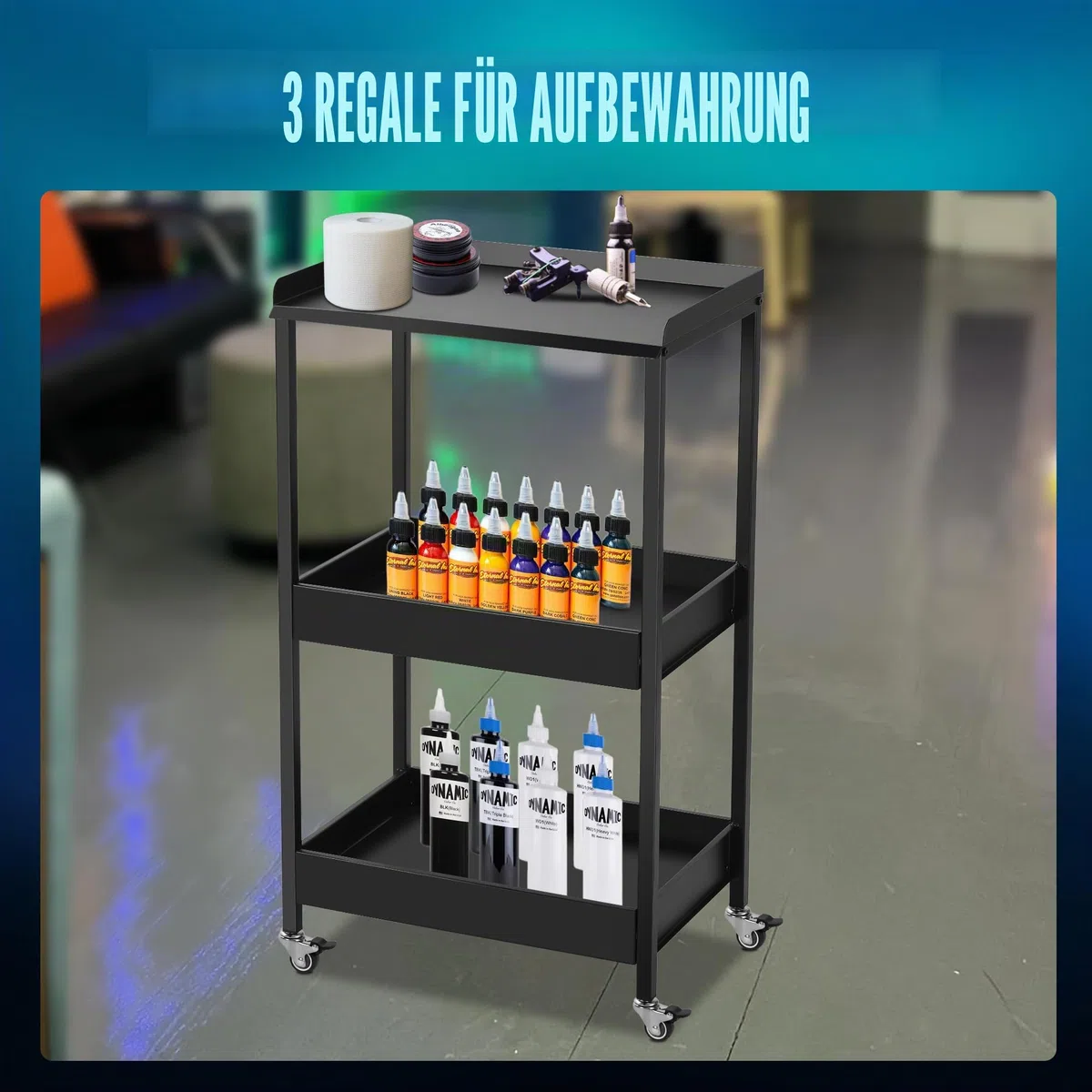 POARMEEY 3-stufiger Tattoo-Trolley-Halterständer mit Ablage und Werkzeugaufbewahrungsplattform, Rollwagen auf Rädern