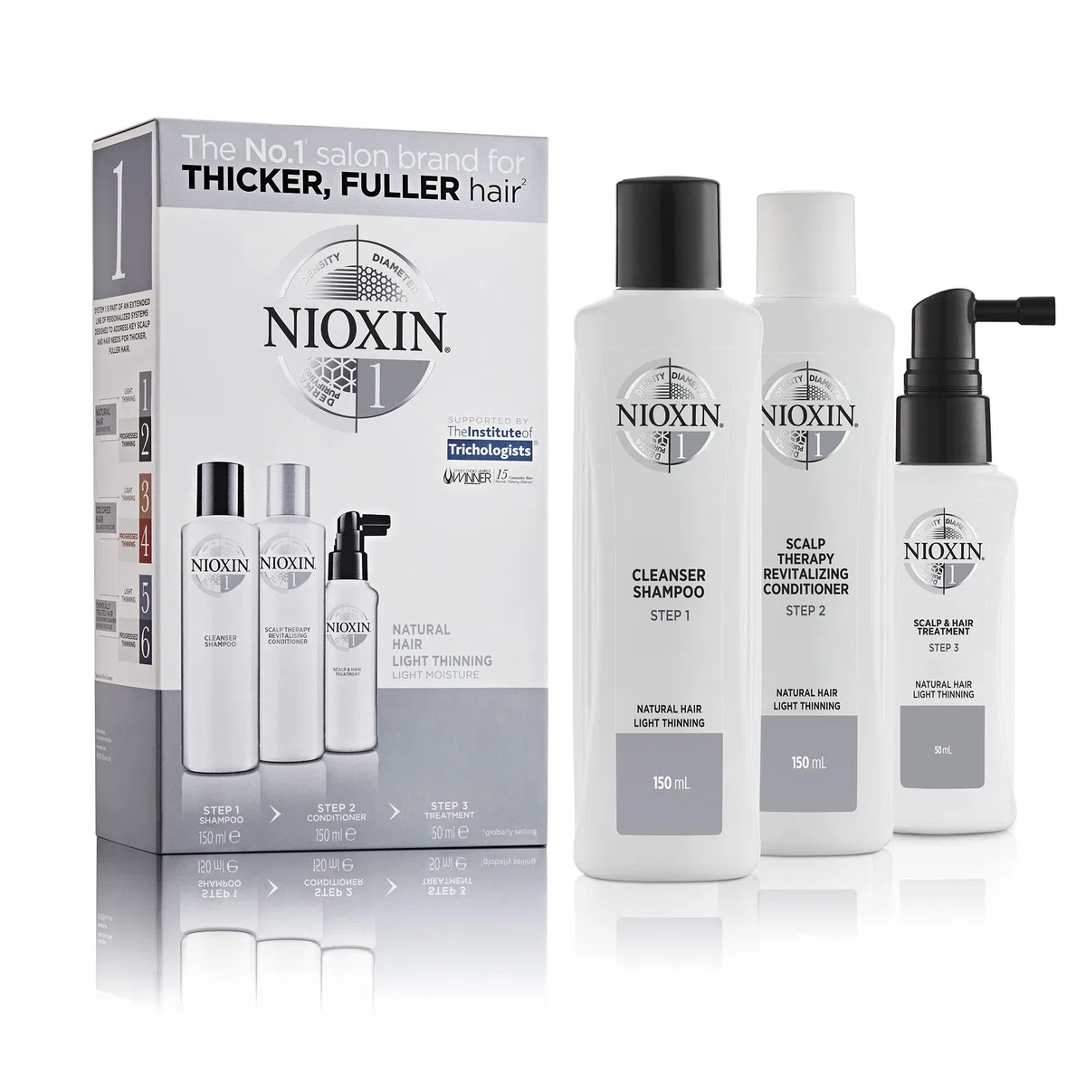 NIOXIN System 1 Starter-Set – Shampoo, Haarspülung und Kopfhaut Serum für naturbelassenes, dezent dünner werdendes Haar – gegen Haarausfall durch Haarbruch und für mehr Widerstandskraft