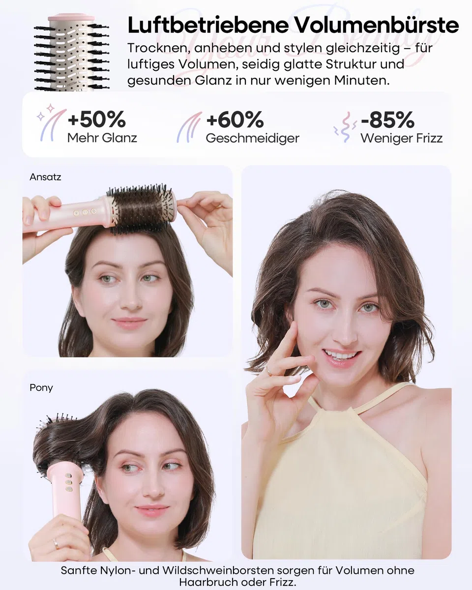 Airstyler 7 in 1 Ionen Föhn mit Diffusor Lockenstab Haartrockner Glätteisen Volumenbürste Warmluftbürste Reisetasche Rosa