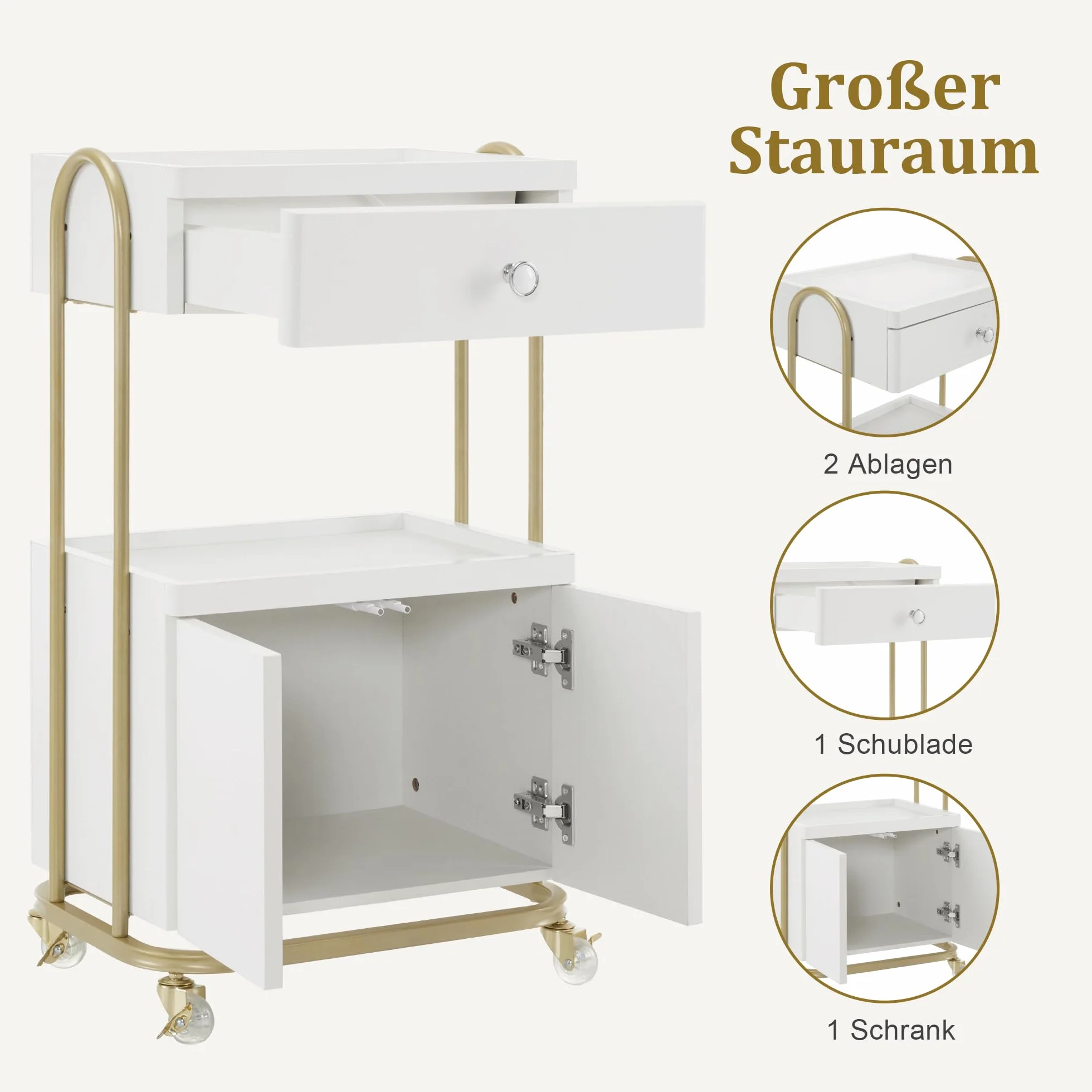 M MCombo Servierwagen mit Rollen & Schublade, Rollwagen Friseurwagen Weiß-Gold, Salon Trolley 36x50x87cm