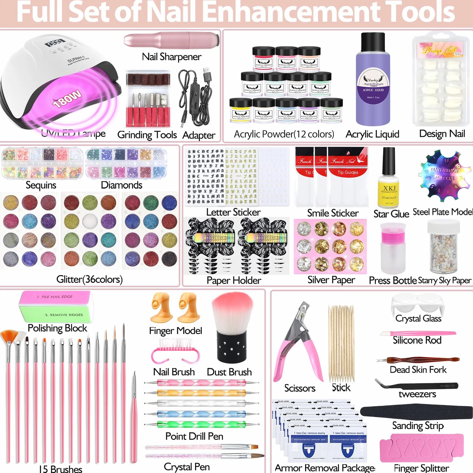Milai Acryl Nagelset,Acrylic Nail Set mit 180W UV Nail Lamp&Nagelfräser,60ML Flüssigkeit,Acryl Pulver Nails Set-12 Colours powder,Nagelbürsten Nageldesign Nail Art für DIY Nail Art Dekoration