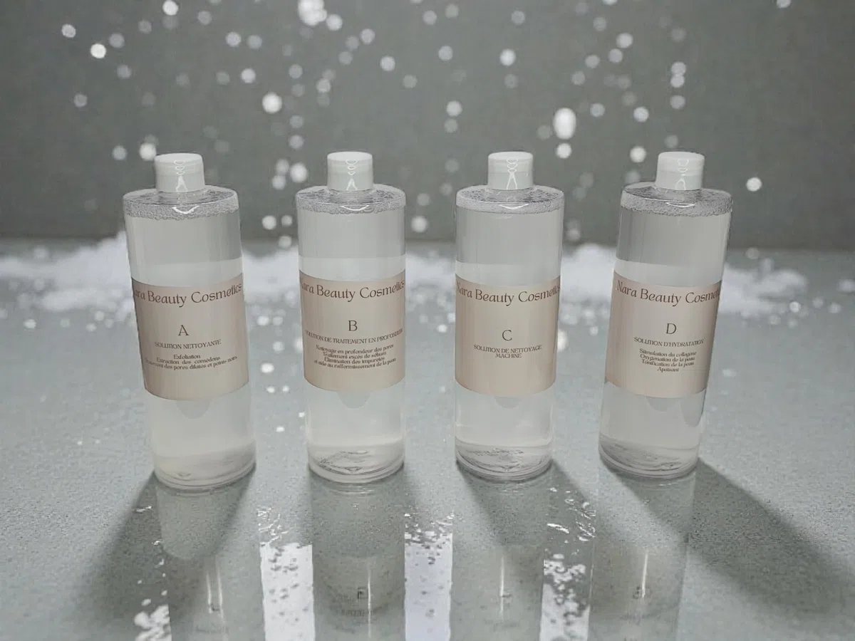 Nara Beauty Cosmetics Set für Hydrafacial-Maschinen, 4 x 500 ml, Reinigungslösungen, Behandlung, Feuchtigkeitsversorgung und Maschinenpflege