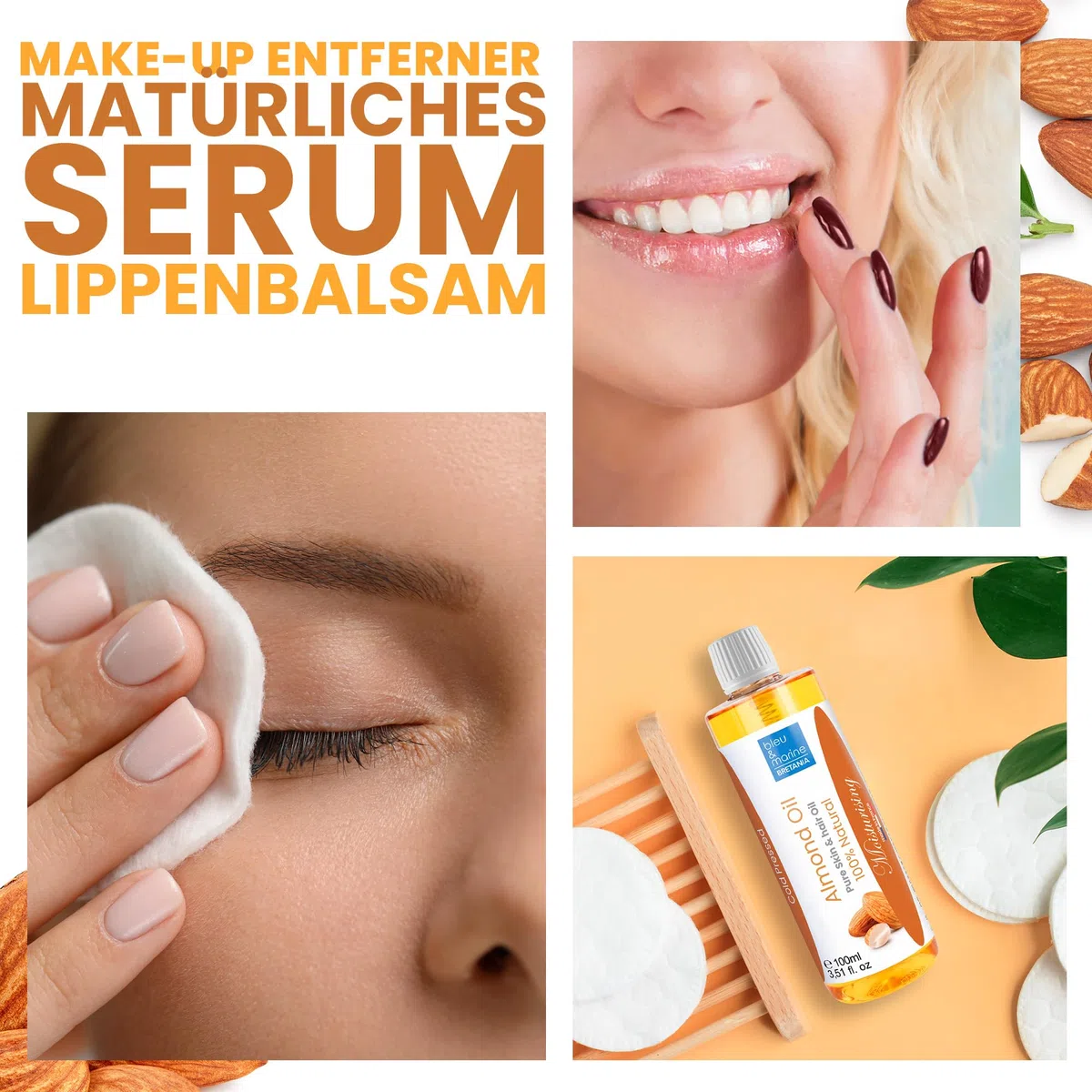 Bleu & Marine Bretania - Natürliches Mandelöl kaltgepresst 10000ml | Unraffiniert, GVO-frei | Schwangerschaftsstreifen-Vorbeugung | Make-up-Entferner | Haar-Reparatur, Orange