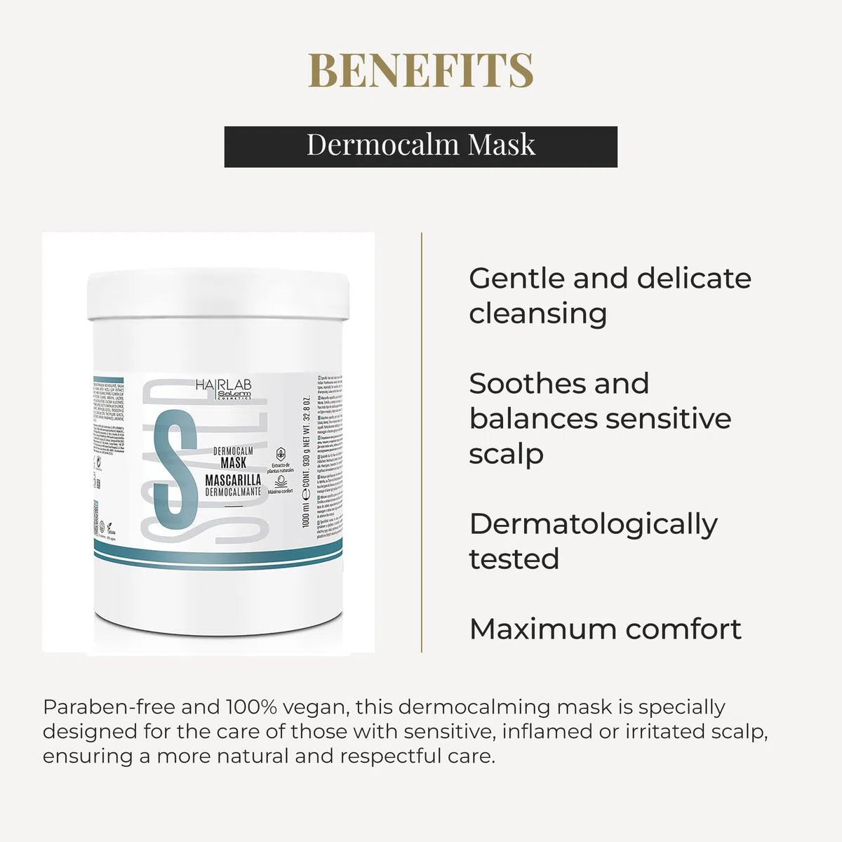 SALERM Dermocalm Hair Lab Dermocalm Haarmaske, 1000 ml, mit Hamamelis, Rosmarin, Minze und Thymian, sanfte Reinigung, beruhigt und ausgleichend, empfindliche Kopfhaut, ohne Parabene