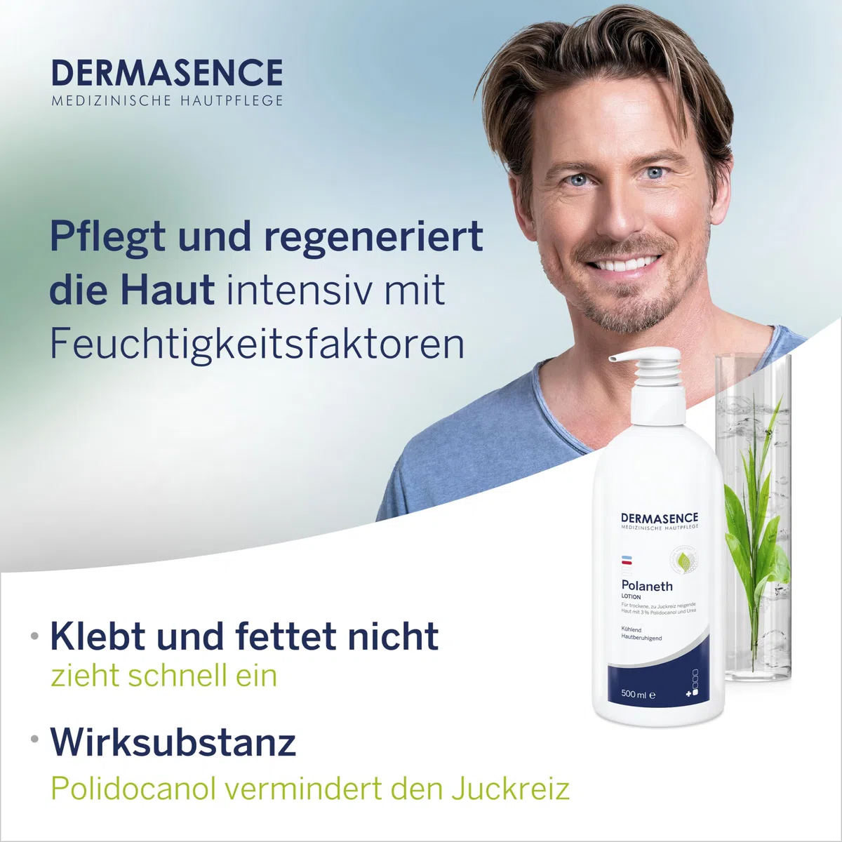 DERMASENCE Polaneth Lotion, 500 ml, Körperpflege gegen Juckreiz, beruhigt trockene Haut, zieht schnell ein, mit Urea, parfümfrei, ideal für Altershaut und Neurodermitis, vegan
