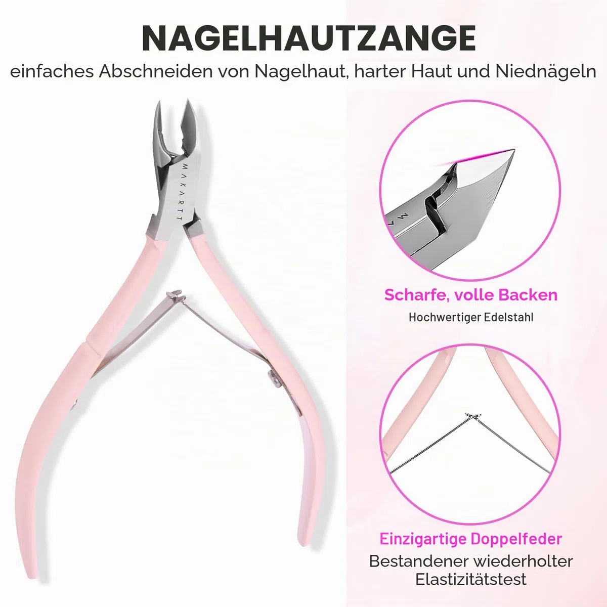 Makartt Nagelhautzange mit nagelhautentferner - 3 Pcs Rosa Cuticle Remover Tool, Professionelle nagelhautschere set mit Edelstahl-Nagelhaut Trimmer, Doppelend Nagelhautschieber und Nagelschaber