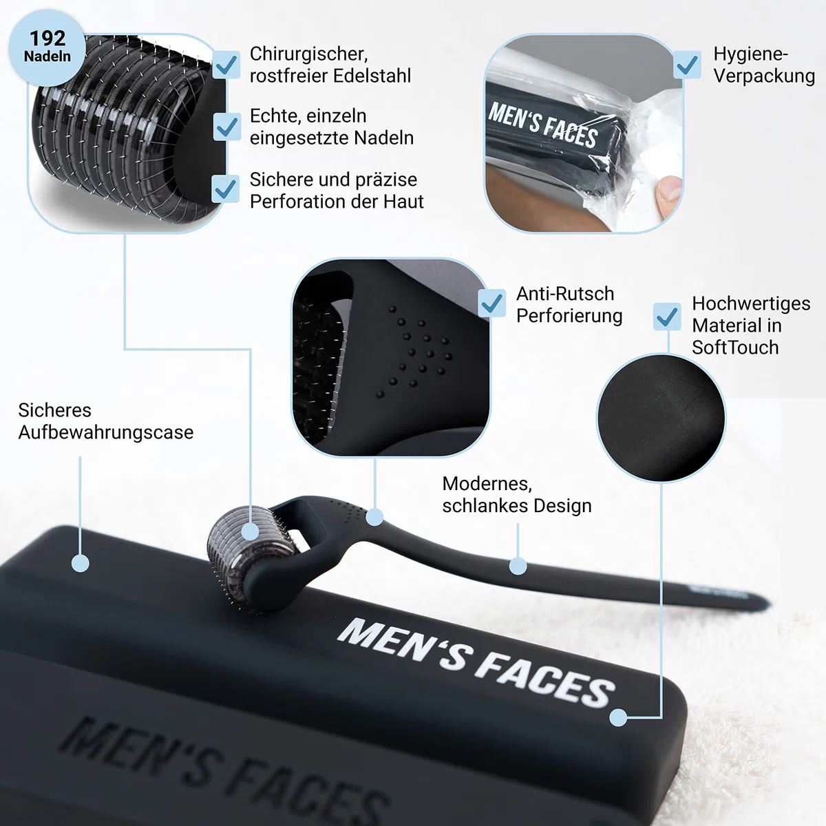 Bartroller 192 ECHTE Nadeln Dermaroller 0,5mm für Männer Bartwuchs & Haarwachstum beschleunigen
