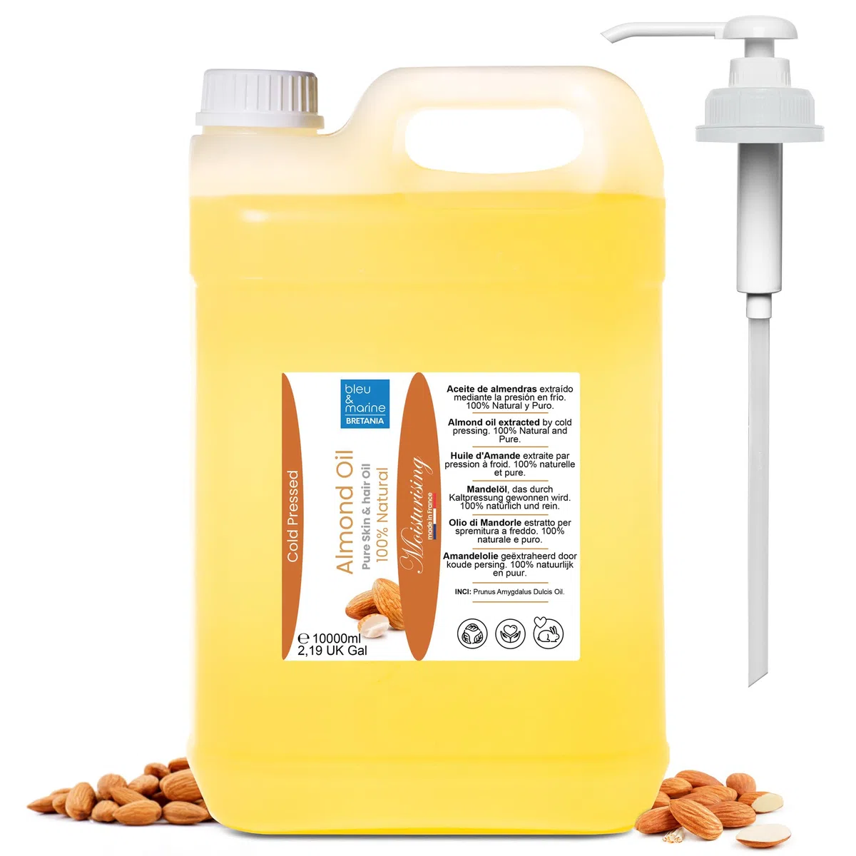 Bleu & Marine Bretania - Natürliches Mandelöl kaltgepresst 10000ml | Unraffiniert, GVO-frei | Schwangerschaftsstreifen-Vorbeugung | Make-up-Entferner | Haar-Reparatur, Orange
