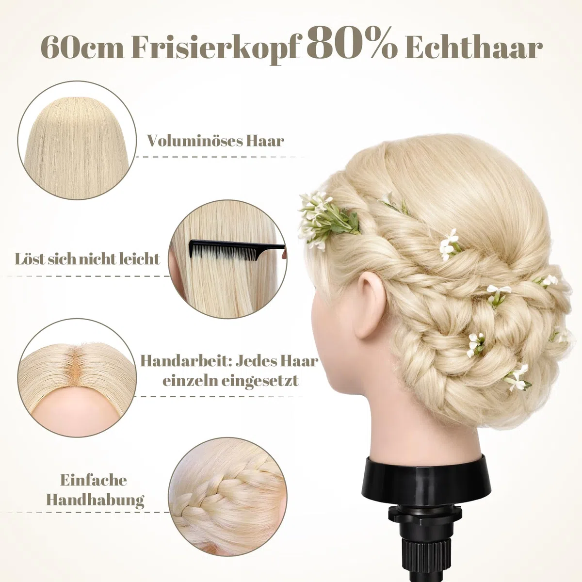 TwoWin Trainingsköpfe 80% Echtes Haar Blond Friseur Training Modell Mannequin Kopf mit Halterung Styling Glätten Locken Dauerwelle