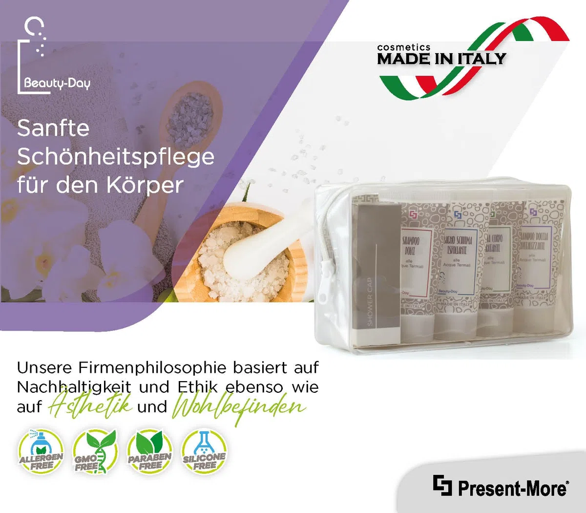 Present-More Amenities Kit Beauty-Day Italy - Welcome Gift Toilettenartikel 24 Gäste für Hotels und B&B | Allergenfreie Amenities Kit mit Duftnote Ylang Ylang