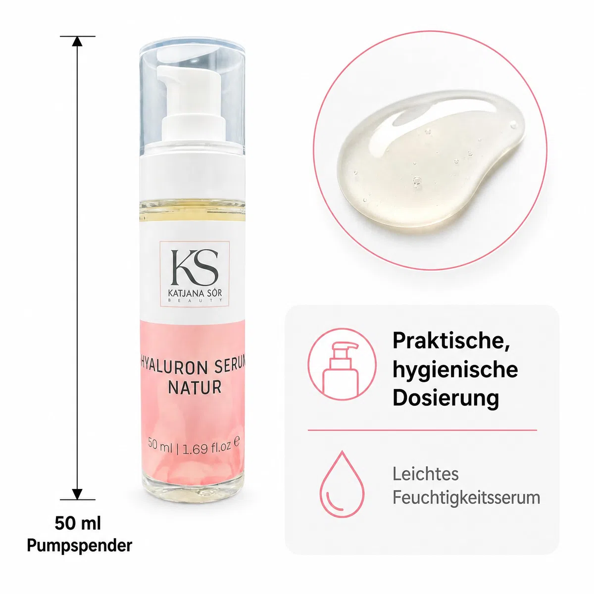 KS Beauty Hyaluronserum Natur – Feuchtigkeitsserum mit Hyaluronsäure, Aloe Vera, Retinol, Astaxanthin & Vitamin E (50 ml)