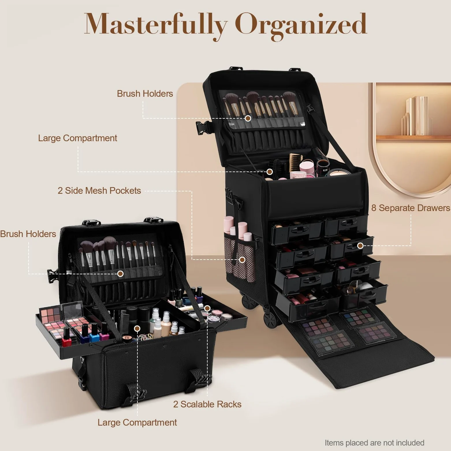 2 in 1 Kosmetikkoffer, Abnehmbarer Kosmetikkoffer Trolley mit Rollen und Deichsel, Professioneller Schminkkoffer für Hairstylisten, Kosmetiker, Make-up-Künstler