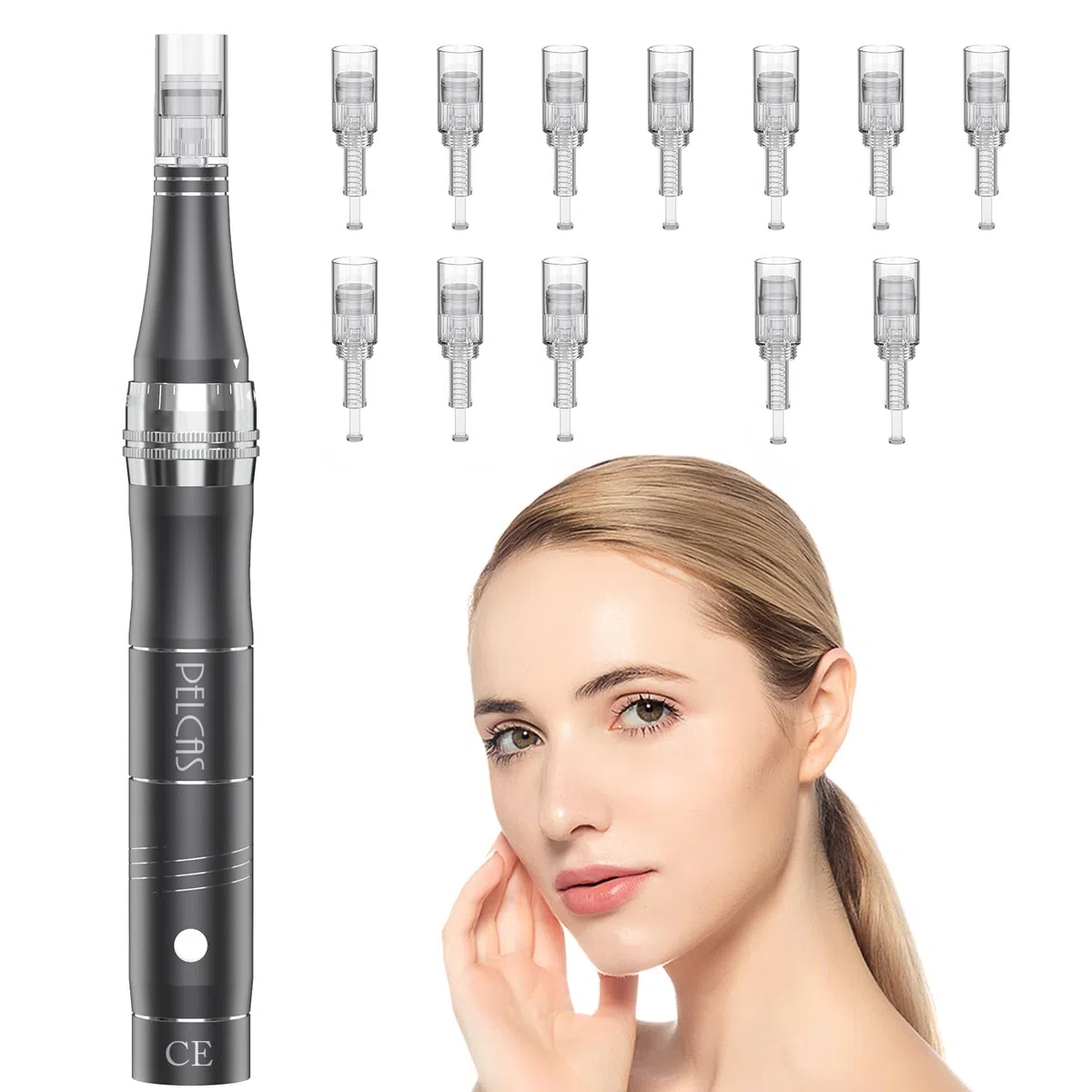 PELCAS Derma pen Elektrischer Mikroneedling Schönheit Pen Mikronadelstift Wiederaufladbar Verstellbar Länge mit 3 Geschwindigkeiten 12 Ersatzköpfe Tragbares Microneedling Gerät für Gesicht Haut Grau