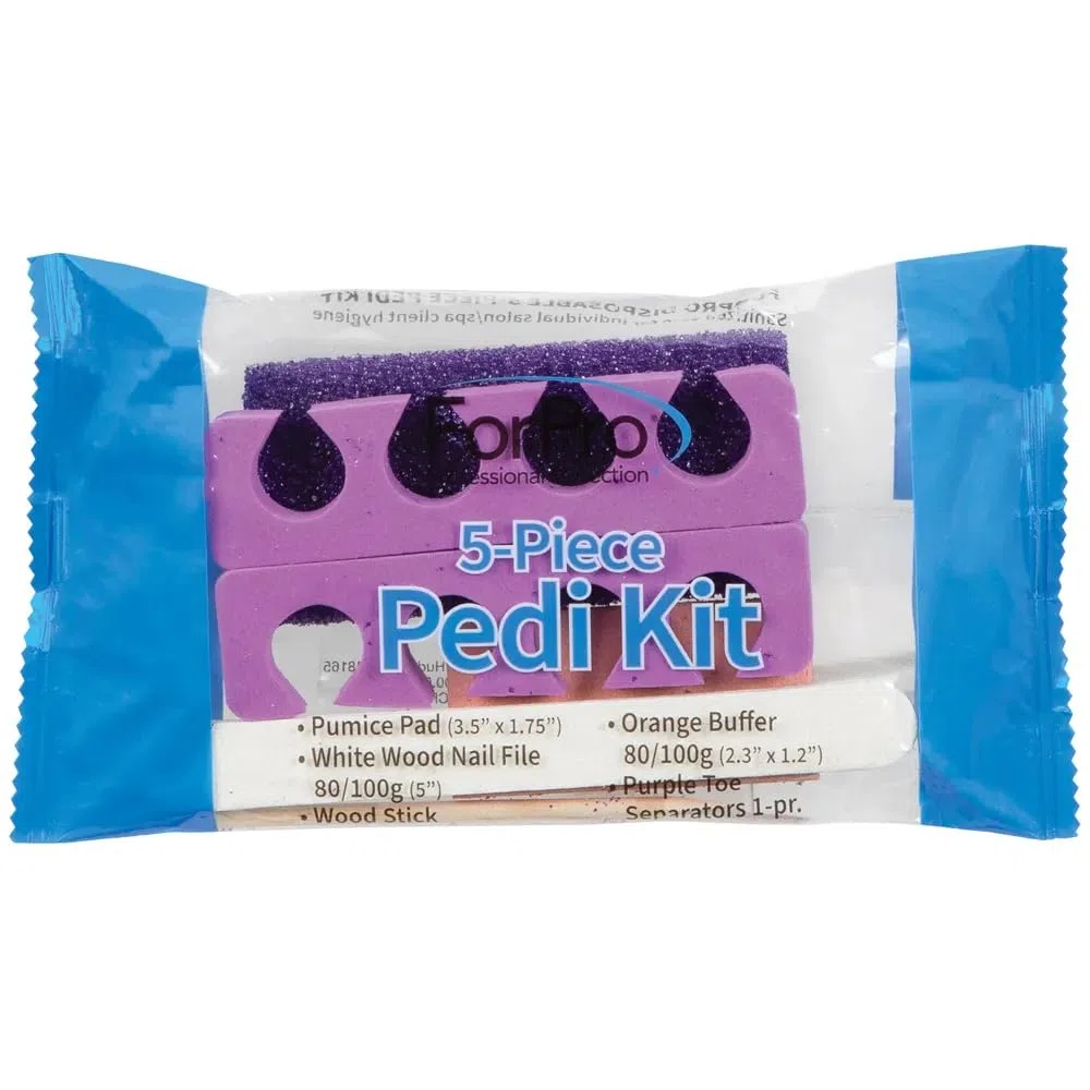 ForPro Pediküre-Set, 5-teilig, 100 Stück, einzeln verpackt, Lila Bimsstein, Holznagelfeile Körnung 80/100, Mini-Puffer Körnung 80/100, Holzstab, Zehentrenner