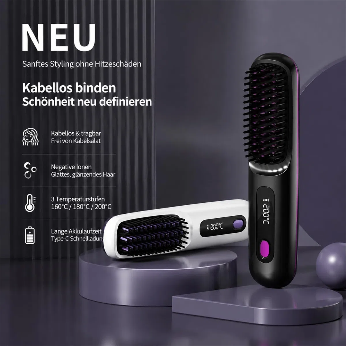 Stylingbürste für kurze Haare – Warmluftbürste mit Keramikbeschichtung, Anti-Scald Design, 3 Temperaturstufen, kompakt & tragbar für Volumen, Glätten & Locken