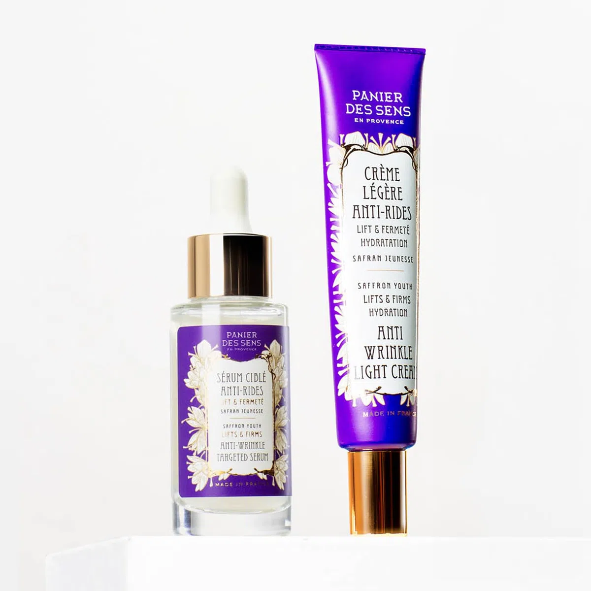Panier des Sens - Hautpflege-Set - Anti-Aging-Routine Lift & Straffung | Leichte Creme & Serum gegen Falten mit Saffron Extrakt - Set für Frauen - Feuchtigkeitscreme für das Gesicht - 30ml & 50ml