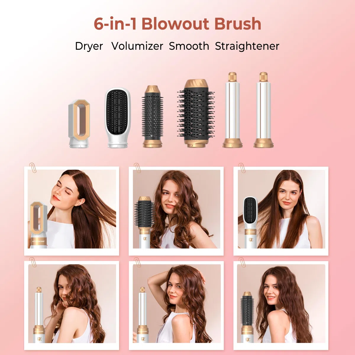 Atopskins hairstyler 6 in 1 Air Styler set mit 1000W Haartrockner, Lockenstab, Warmluftbürste, Föhnbürste, Rundbürstenföhn, Glättbürste, Geben Sie dem Haar Volumen, Glätten, Locken und Föhnen