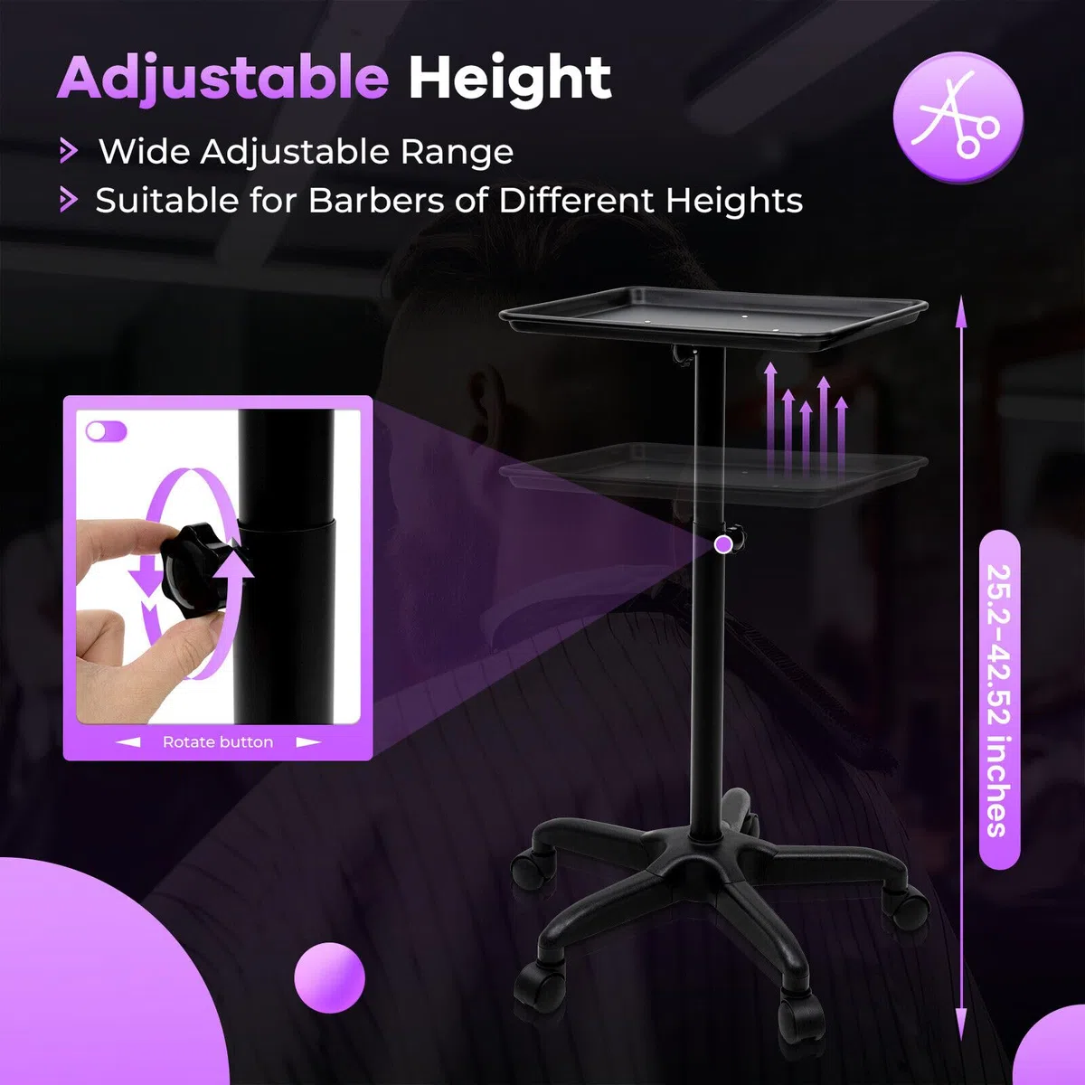 Tattoo-Tablett-Salonwagen, rollendes Salon-Tablett, Aluminium-Trolley, höhenverstellbar (Schwarz)
